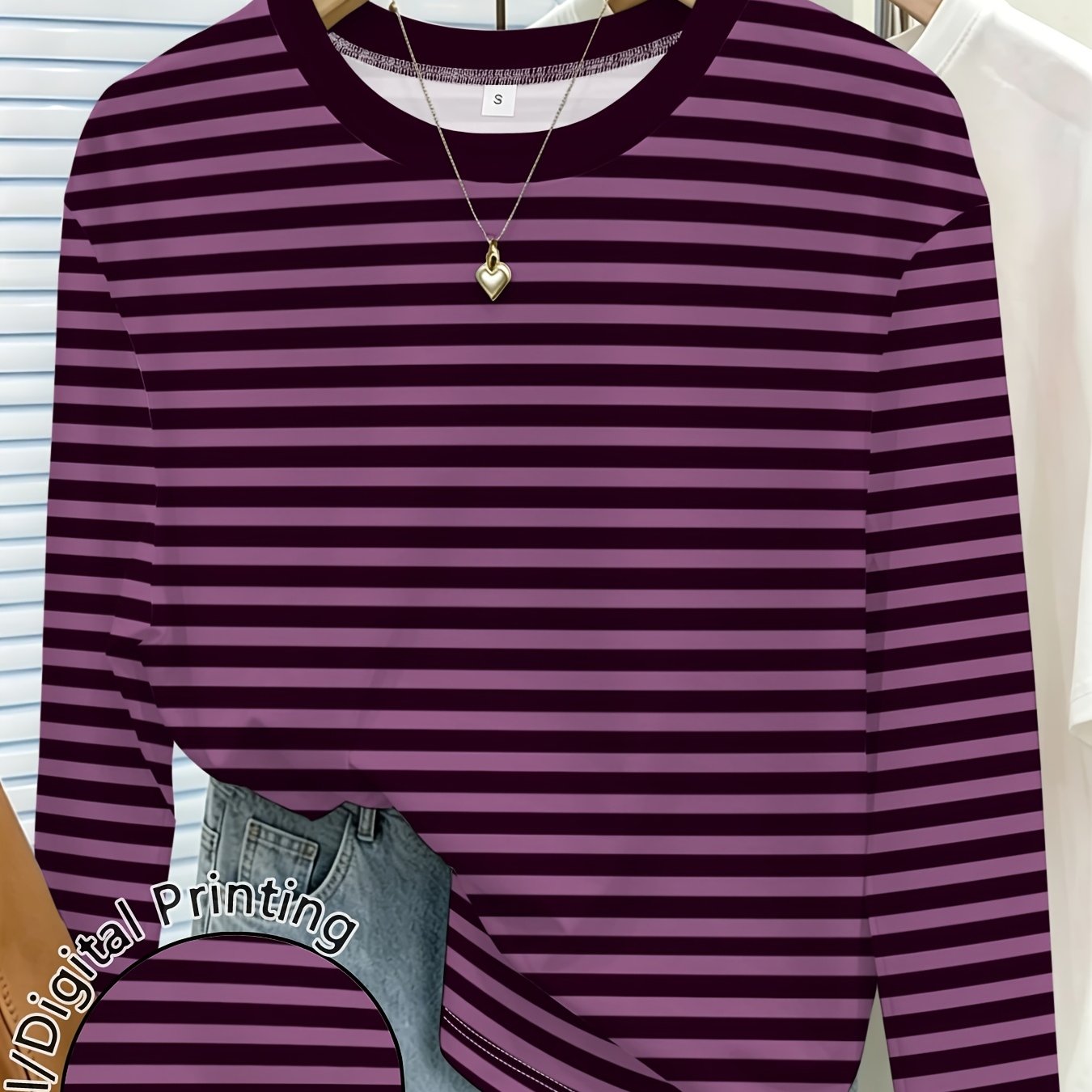 TEMU [printed Design - Not Textured] Women's Purple Striped Printed Crew Neck Long Sleeve T-shirt