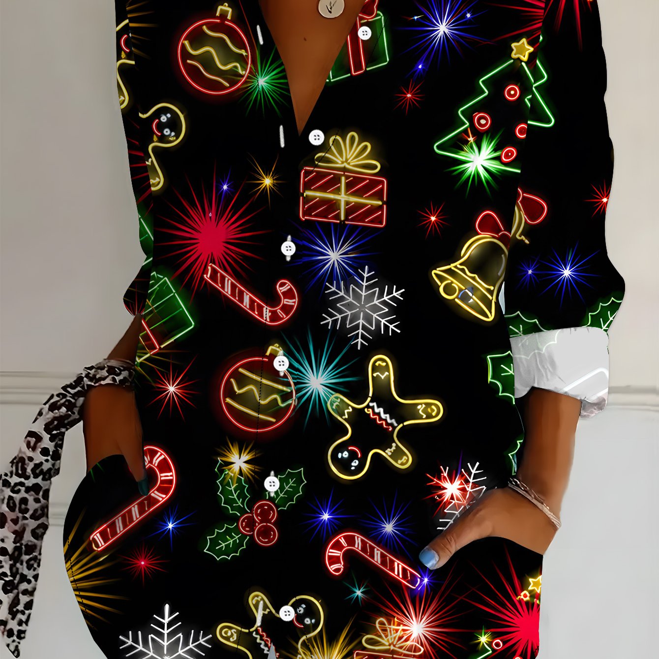 TEMU Plus Size, Plus Size Women's Long Sleeve Shirt, Christmas , Loose Fit Printed Shirt, Christmas , Mid-length Women's Long Sleeve Lapel Shirt,