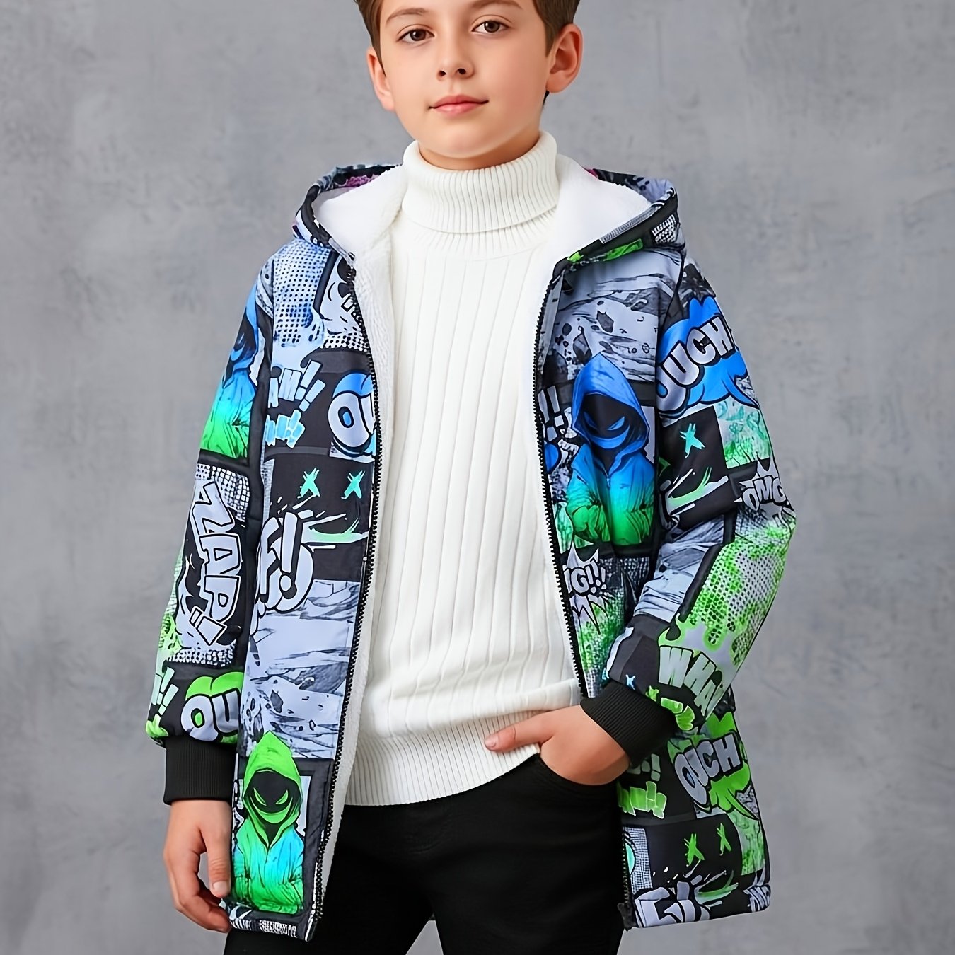 Image of (single Piece Sold, Sweater Inner Layer Not Included) ' Large Size 130-170cm Fashion Casual All-match Preppy Anime Long Sleeve Warm Thickened Hooded Fleece Jacket Coat