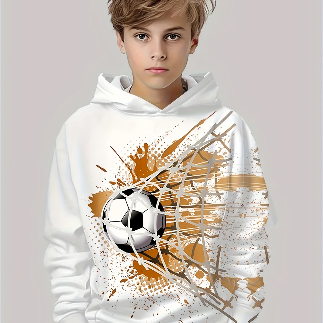 Image of Children's Spring/autumn Orange Mesh Football Hoodie Print Long-sleeve Cartoon Sweatshirt Top Boys' Clothing