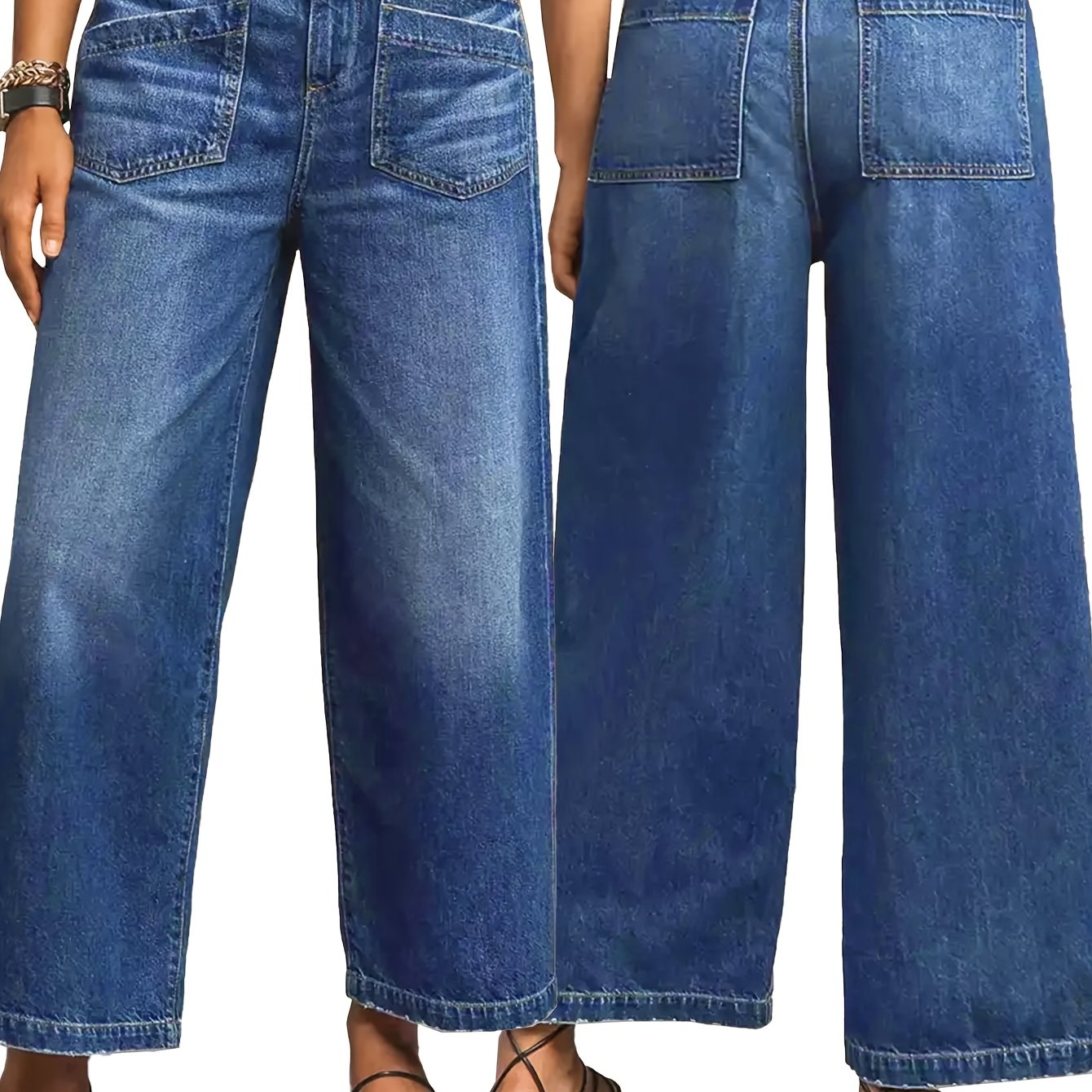 Image of Women's High-stretch Wide Bootcut Jeans - Vintage Washed Navy Blue Denim Pants With Mid-rise Button Fly, Beltless Design & Straight Leg Trousers For Casual Wear (machine Washable) Denim Jeans