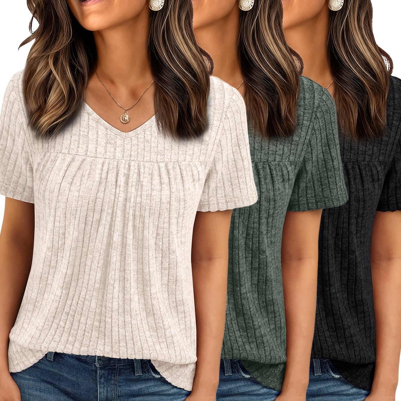 3pcs Set Women's Loose-, Elegant Business Blouse, Casual Short-sleeve -shirt, V-neck Pleated Fashion Pullover