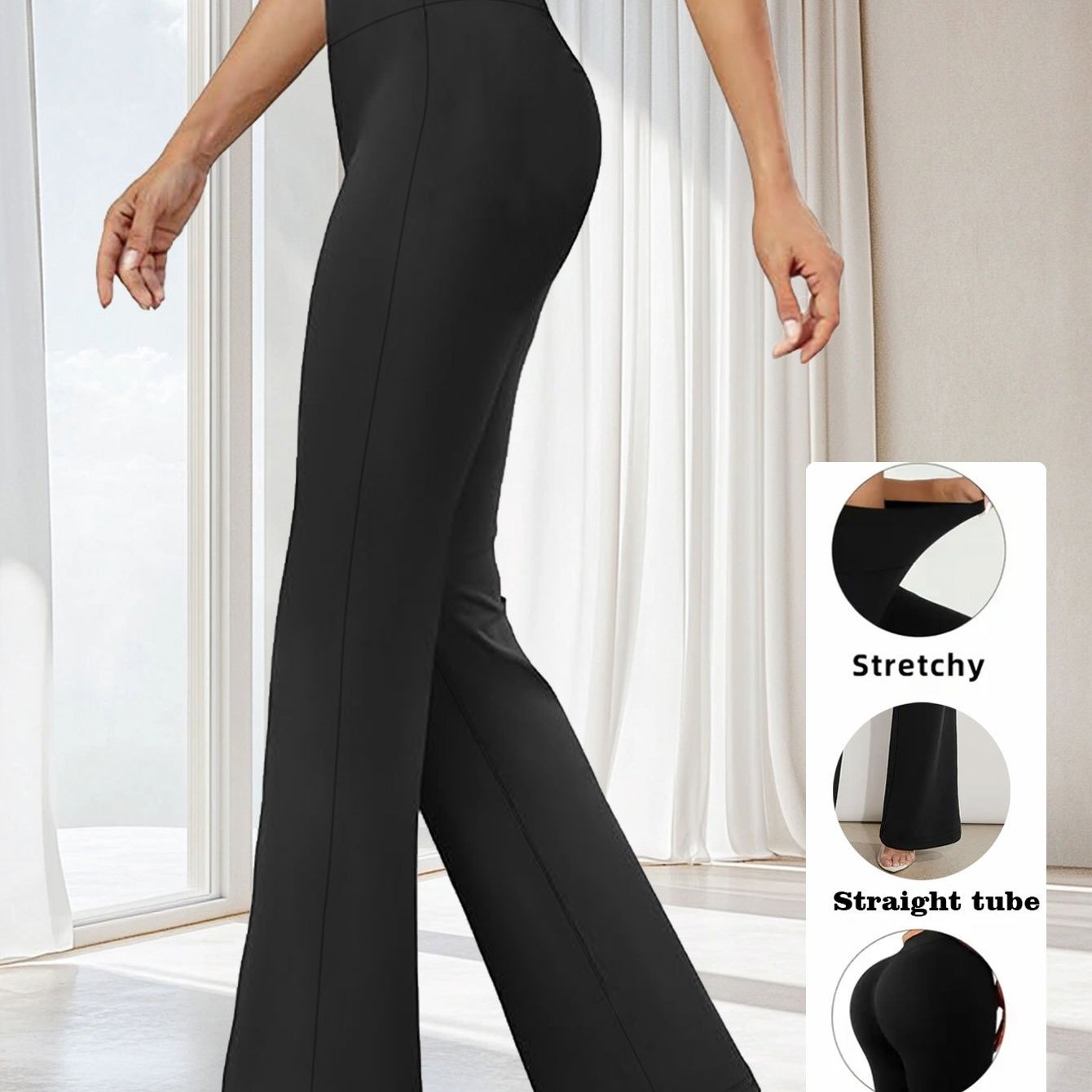 Women's High-waisted Straight-leg Pants - Solid Color, Elegant , Elastic Waistband, Machine Washable