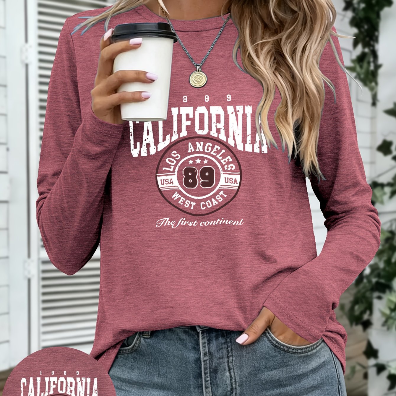 TEMU Women's T-shirt - Retro Graphic Tee With California Lettering, Round Neck Long Sleeve Casual Suitable For Outdoor Wear, Machine Washable Fall