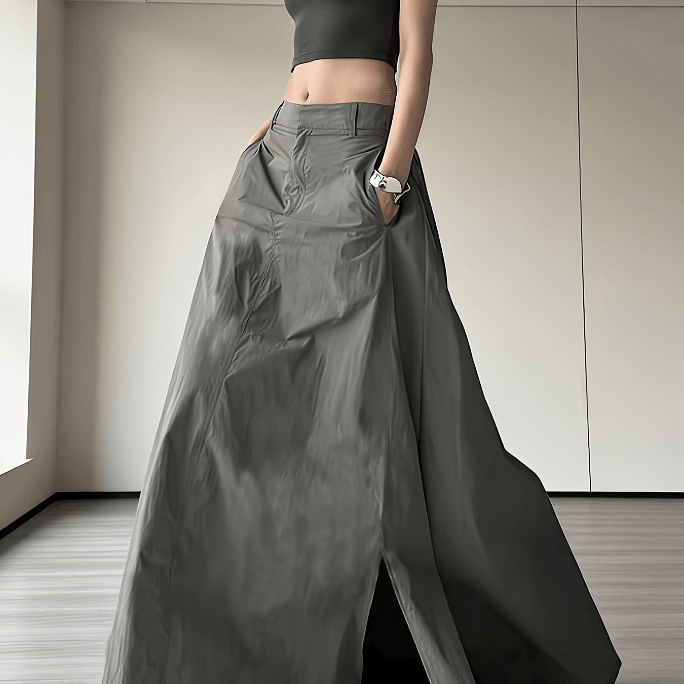 TEMU Cargo Skirt Women's Spring Summer New Hem Slit Design Casual Pocket All-match A-line Hip-fitting Long Dress