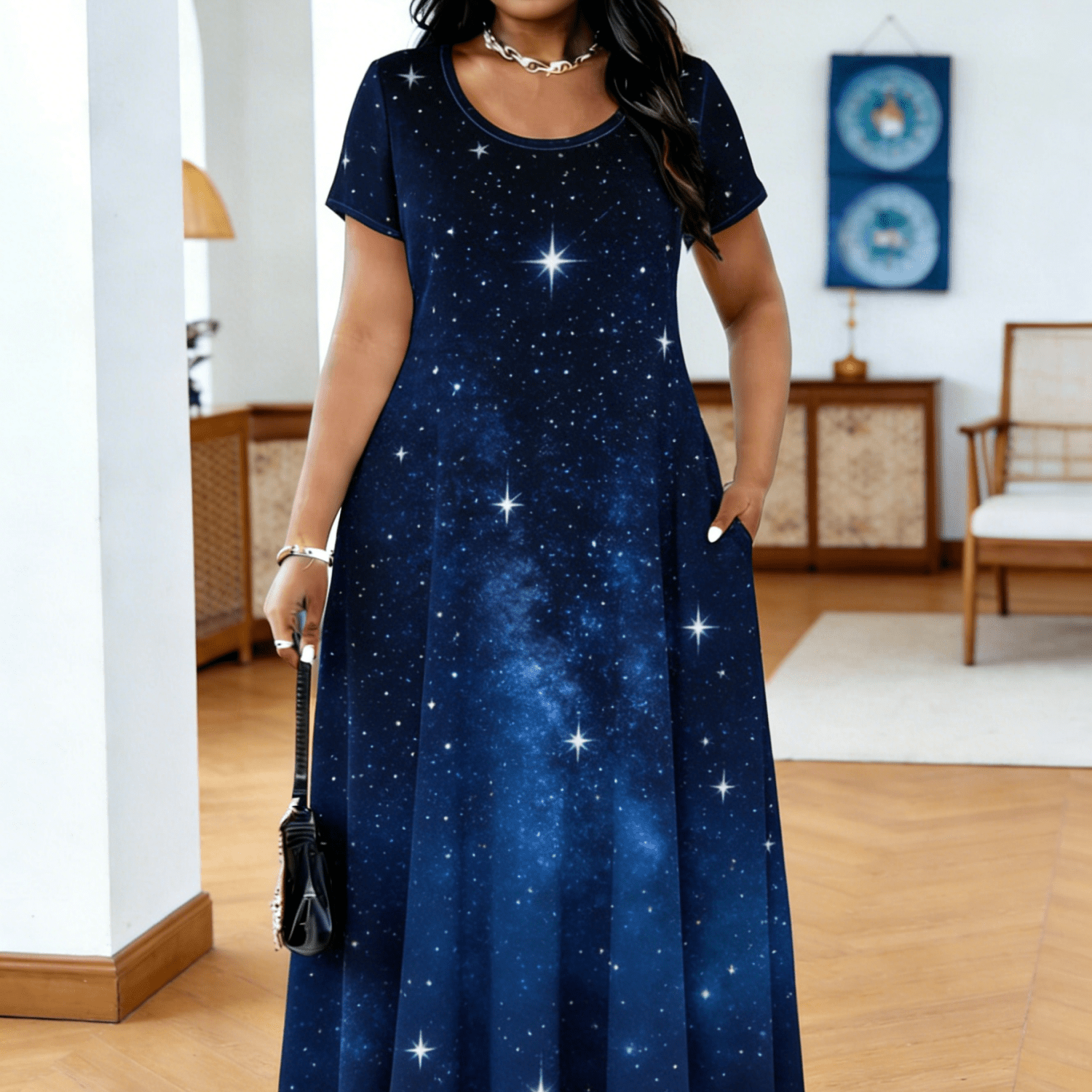Image of Plus Size - Plus Size - Casual Maxi Dress For Plus-size Women Featuring Neck And Short Sleeves, Designed With A Loose Fit And A Galaxy Starry . This Futuristic Celestial Wear, Vacations