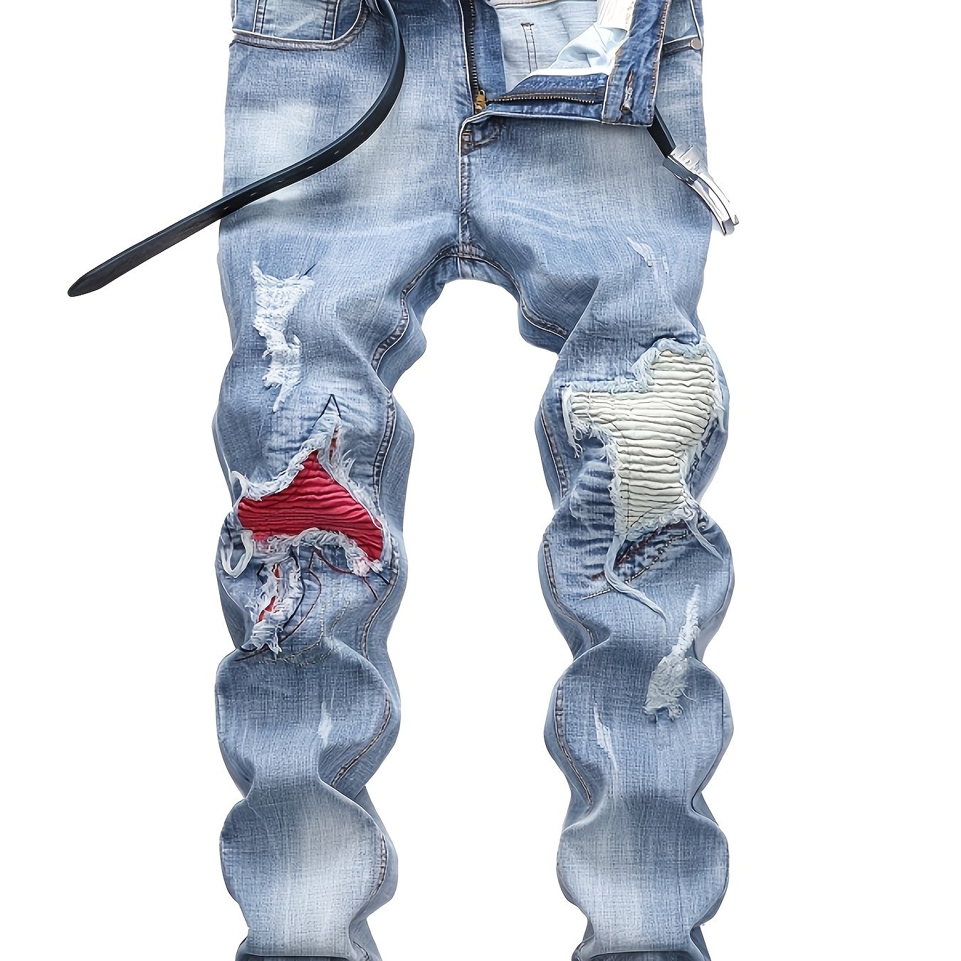 Image of New Product Launch - Men's Slim Fit Jeans, Light Colored Elastic Motorcycle Pants, Ripped Jeans, Trendy Men's Pants, Washed Denim, , Fashionable City, , Style