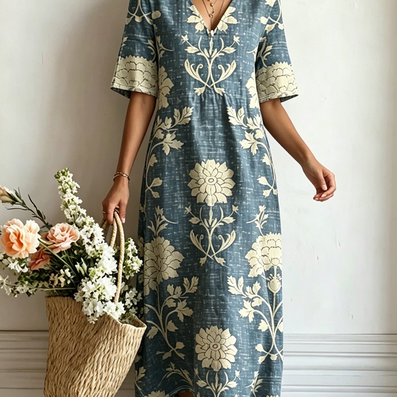 Image of Plus Size - Plus-size Summer Bohemian Floral Print V-neck Mid-sleeve Pocket Dress - A Flattering, Loose-fitting Dress Perfect For Vacations, Commutes, And Casual Wear