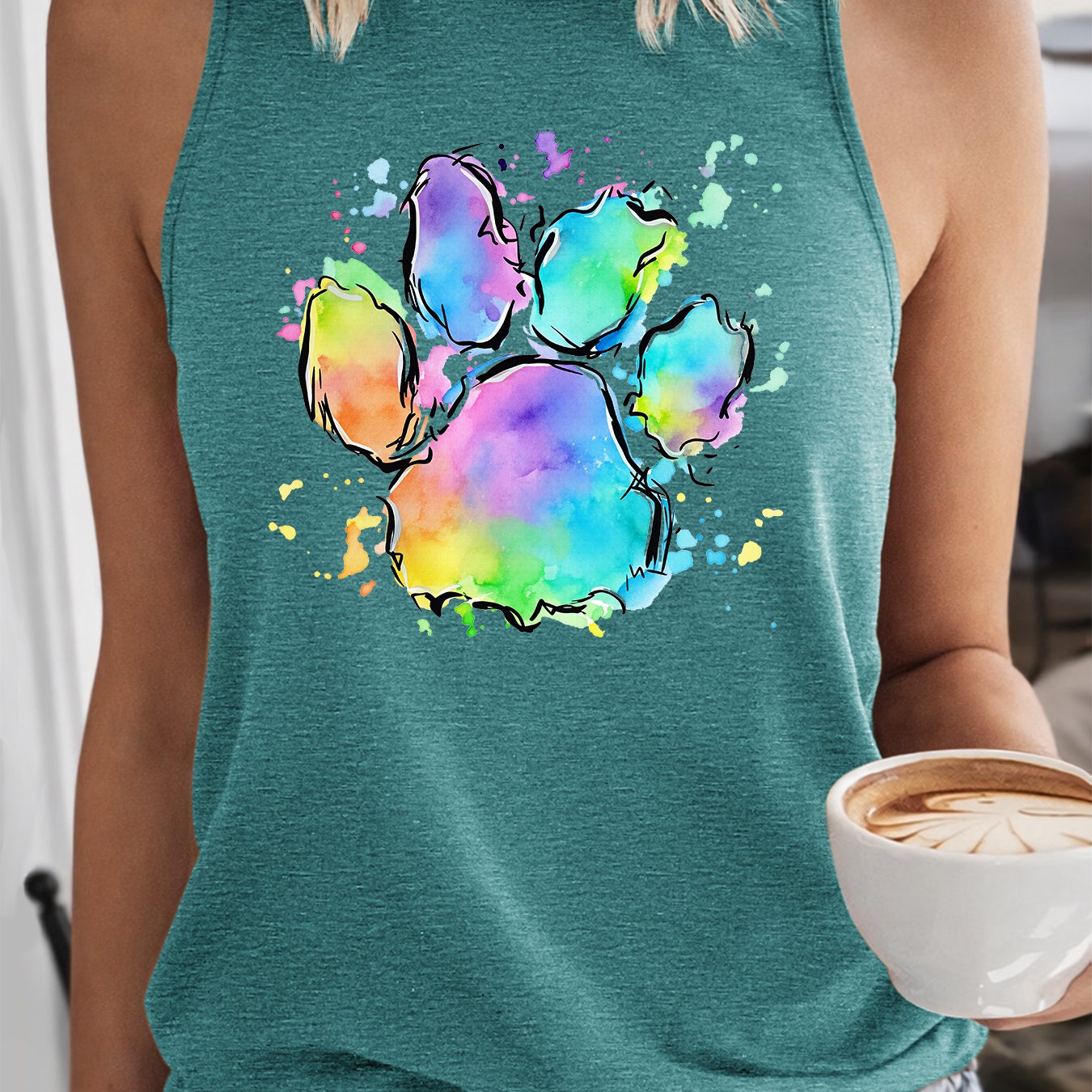 TEMU Watercolor Splatter Paw Print Women's Tank Top | Individual Style Sleeveless Top | 2026 Summer New Outdoor Clothing | Elegant Party Vintage