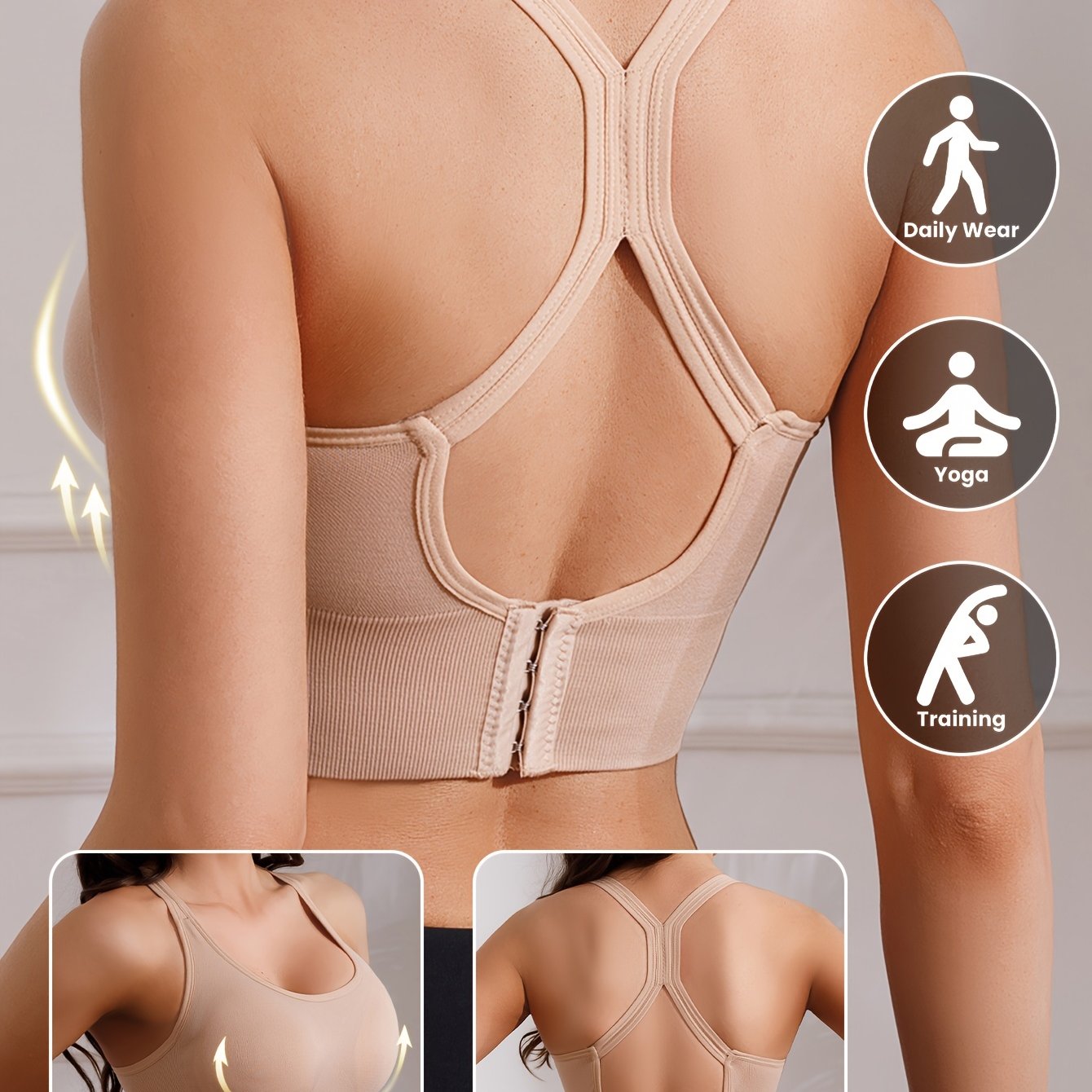 Image of Single Piece Women's Wheat-colored Tank Top Bra, Backless Sports Bra With Removable Pads, Breathable Anti-slip Gym Fitness Running Yoga Tank Top, Suitable For Multiple And