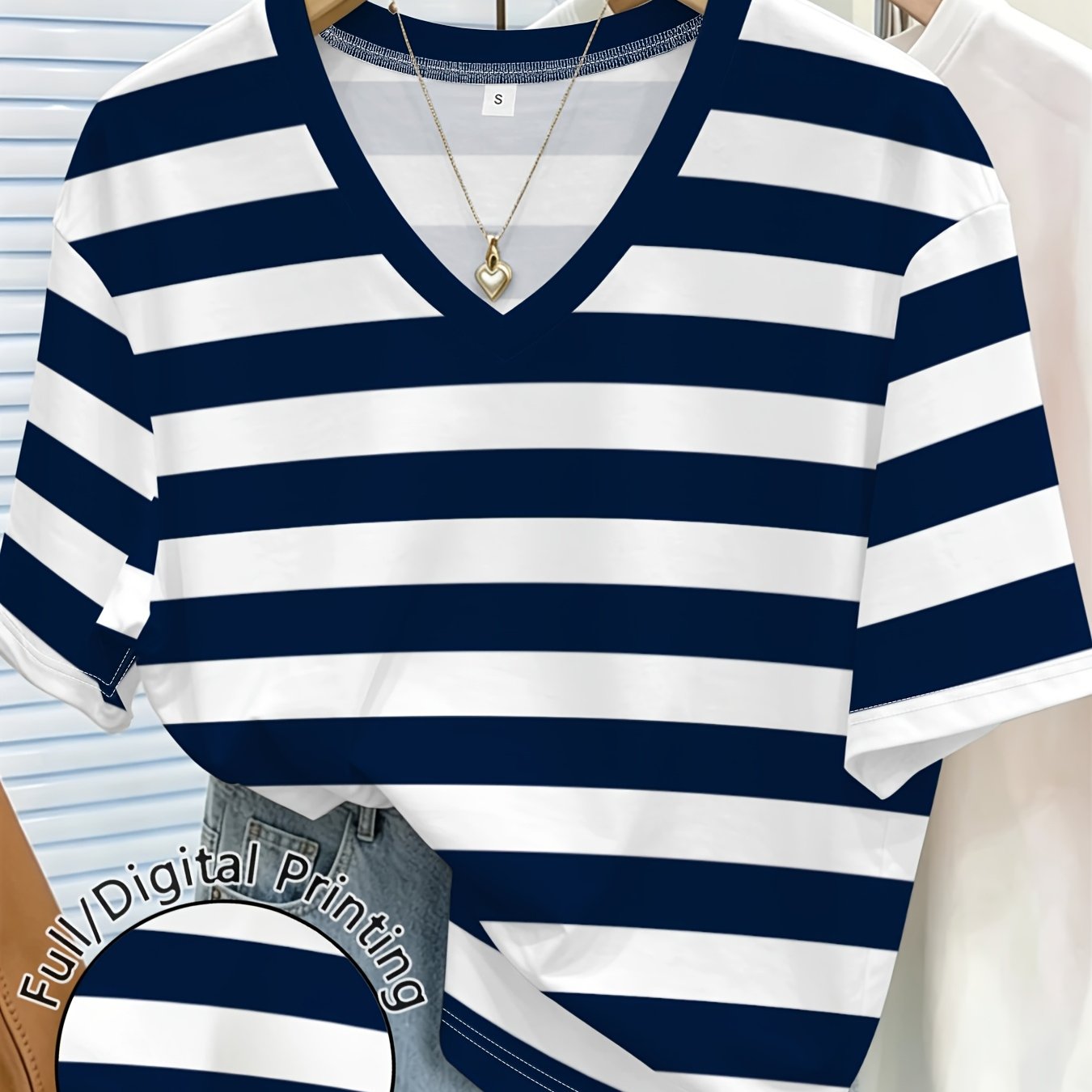TEMU Women's Striped Printed V-neck Short Sleeve, Casual Comfortable Versatile