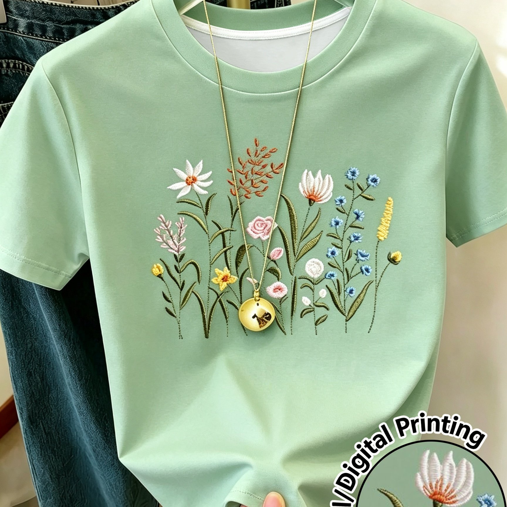 TEMU New Summer Women's T-shirt, Round Neck Casual Wear, Women's Pullover, Casual Commuting Outfit, Daily Outing Base Layer, Floral Pattern Print,