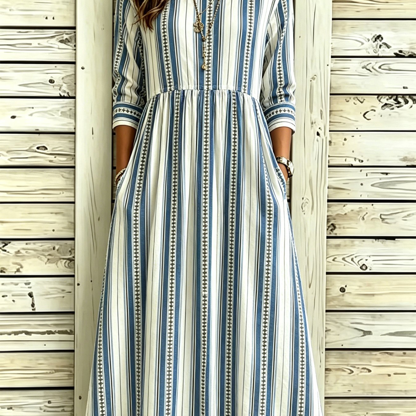 Women's Elegant A-line Midi Dress With Pockets - 3/4 Sleeve Round Neck Striped & Polka Dress Suitable For - Wear, Machine Washable Loose Dress For, Semi-formal, Or Everyday Outfits