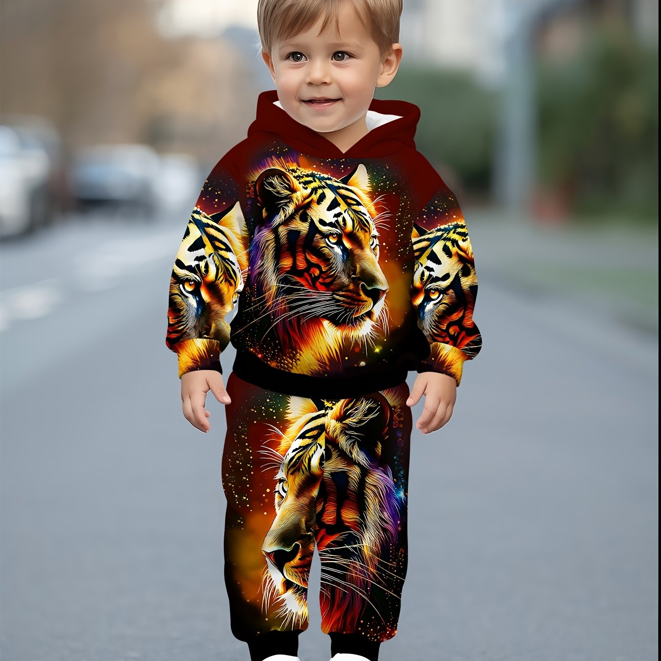 Image of Halloween Boy Hooded Sweatshirt Set, Powerful Tiger Print, Spring And Autumn Casual And Comfortable Set, For Outdoor