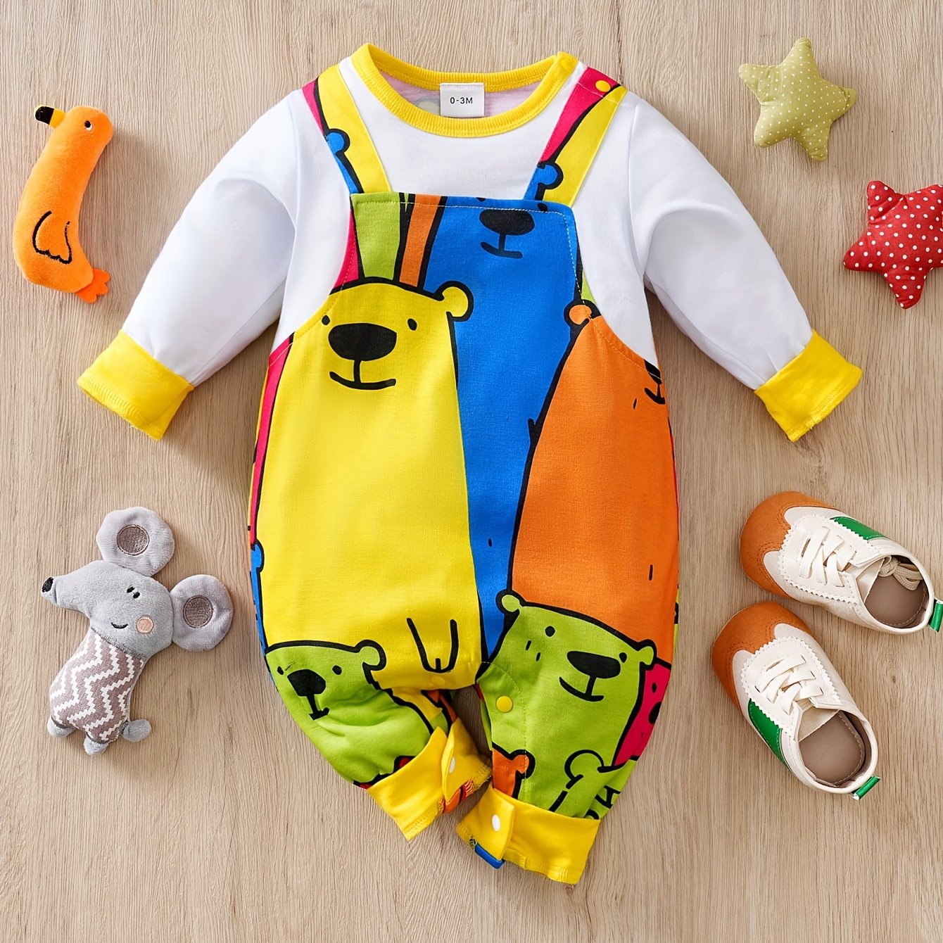 Image of Full-print Colorful Bear Print Overalls With Attached Suspenders, Long Sleeves, And Round Neck For Children, Suitable For Spring And Autumn , Perfect For Outdoor