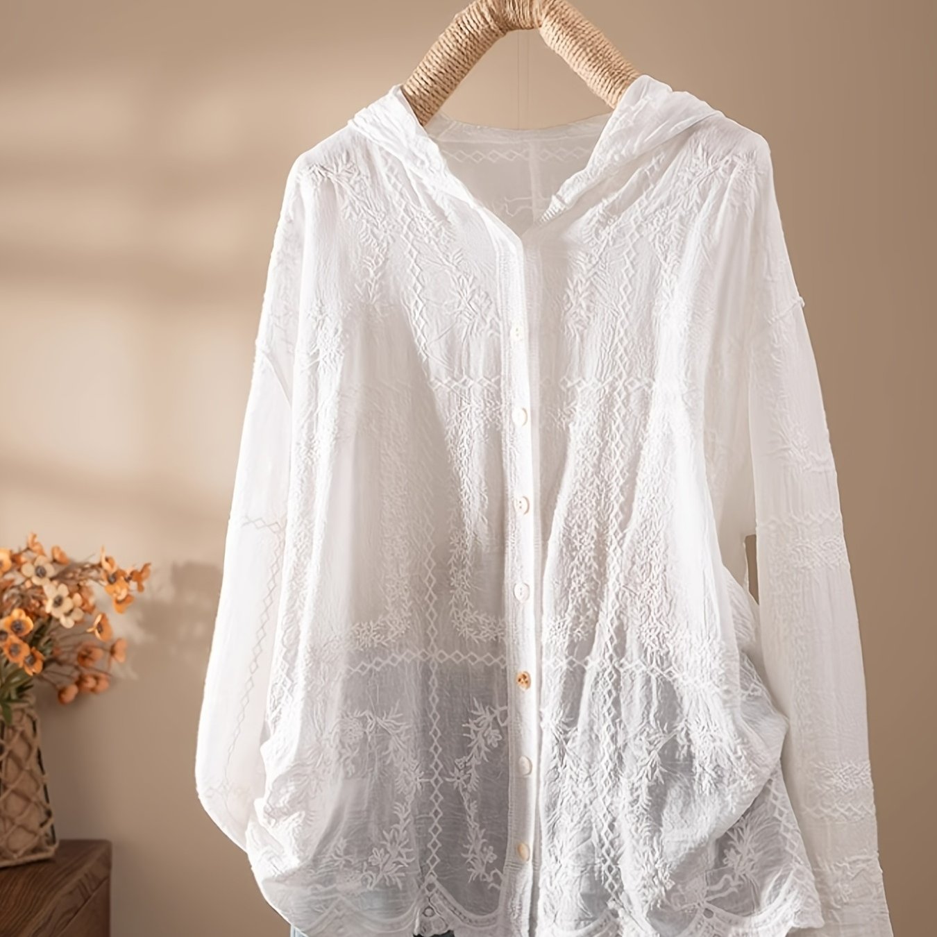 Image of Women's Embroidered Hooded Shirt, Loose Long Sleeve Outerwear, Versatile Sunscreen Top For Spring Summer Autumn