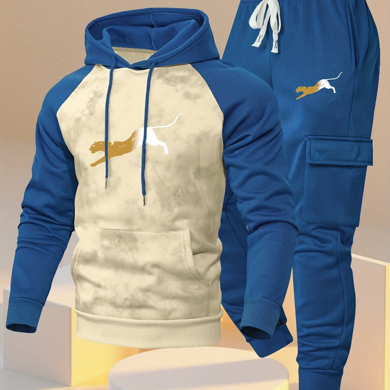 TEMU Un y moderno sudadera con capucha, con raglán de bloques de color y pantalones cargo holgados con múltiples bolsillos. conjunto casual y de dos