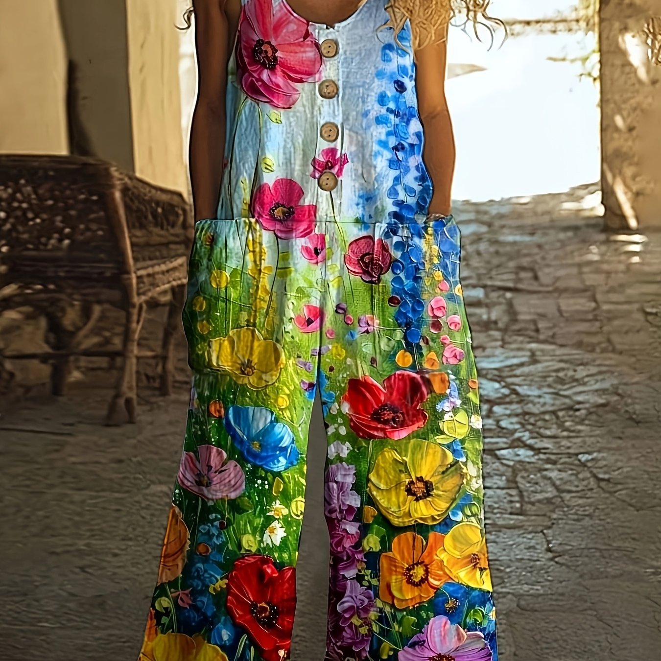 TEMU Women's Casual Vintage Print Pocket Jumpsuit, Suitable For Wear And Outdoor