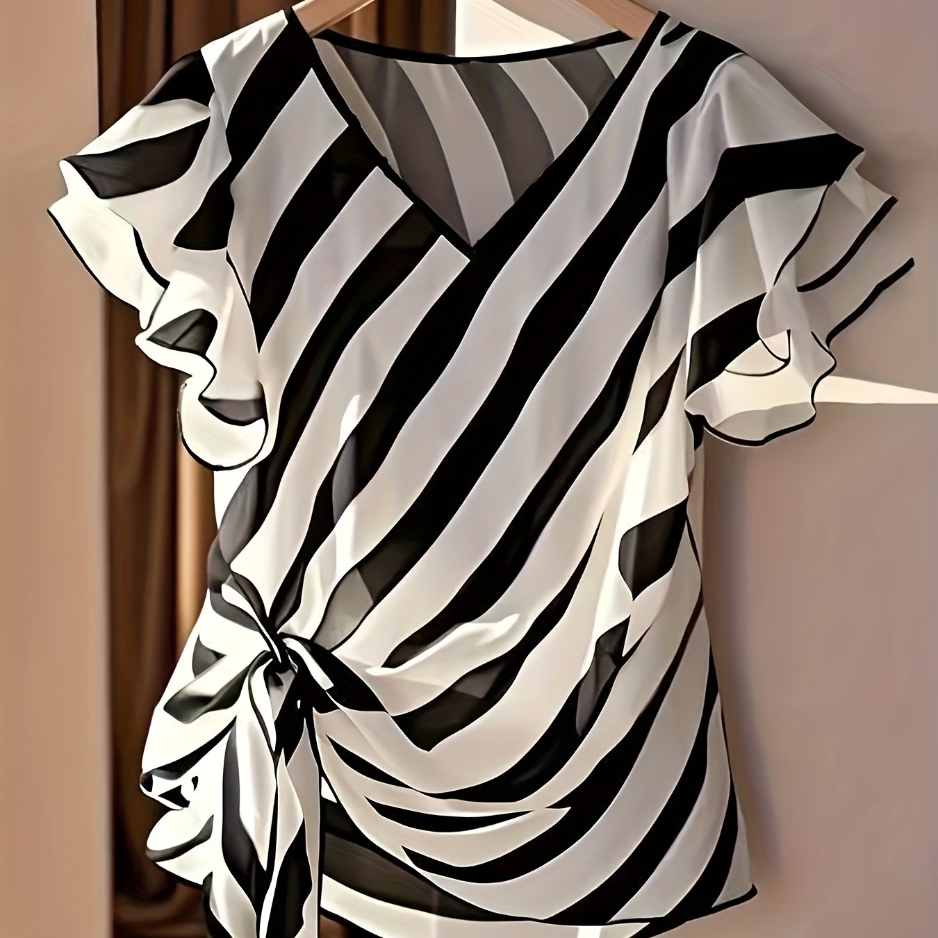 E-shop Damen Elegantes V-Ausschnitt Streifen Sommerbluse mit Rüschen-Kurzärmeln & Taillenbindung – Vertikale & horizontale Streifen, Kurzarmhemd für
