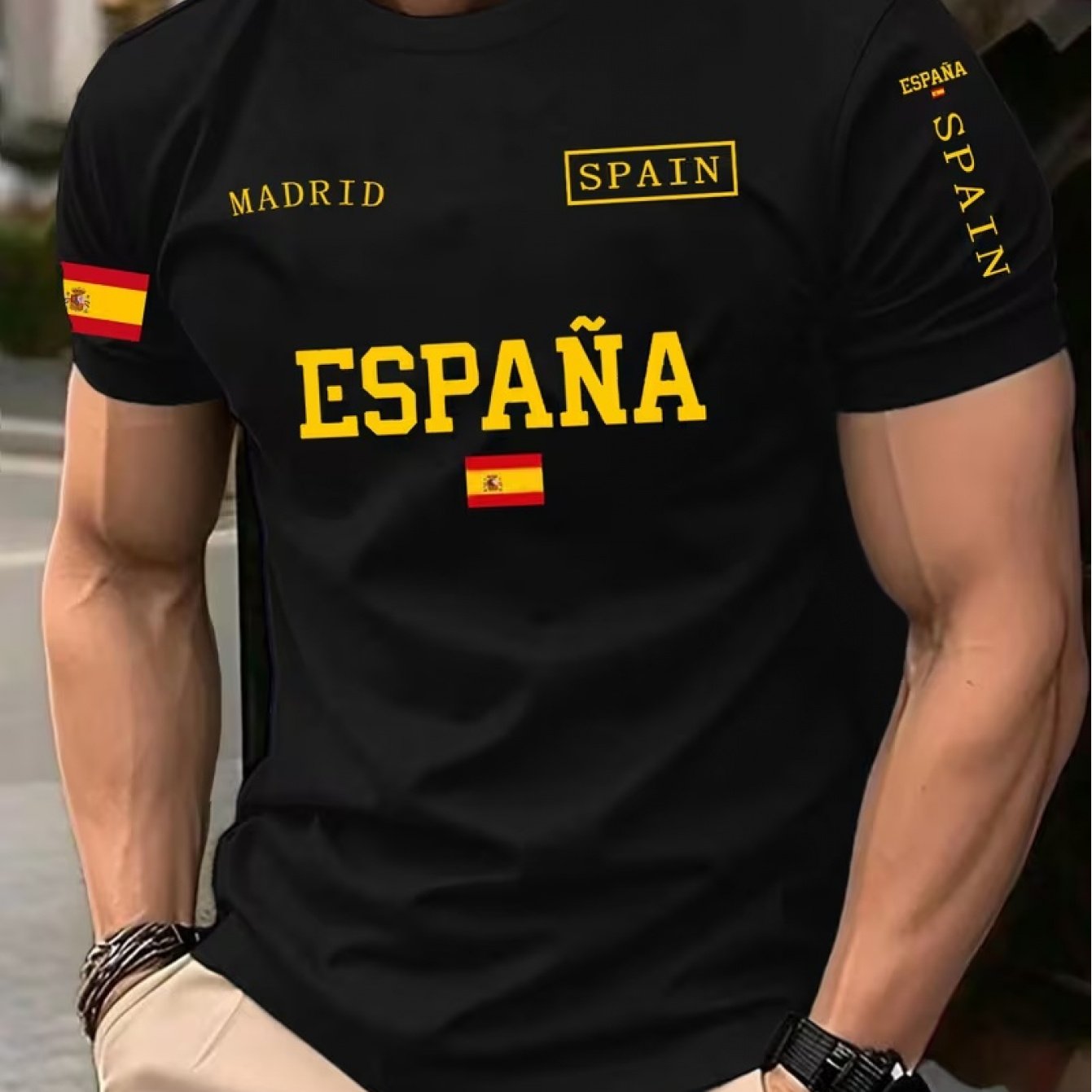TEMU Camiseta casual de hombre con cuello , estampado de española, cuello casual, manga corta, camiseta de poliéster de punto , corte regular