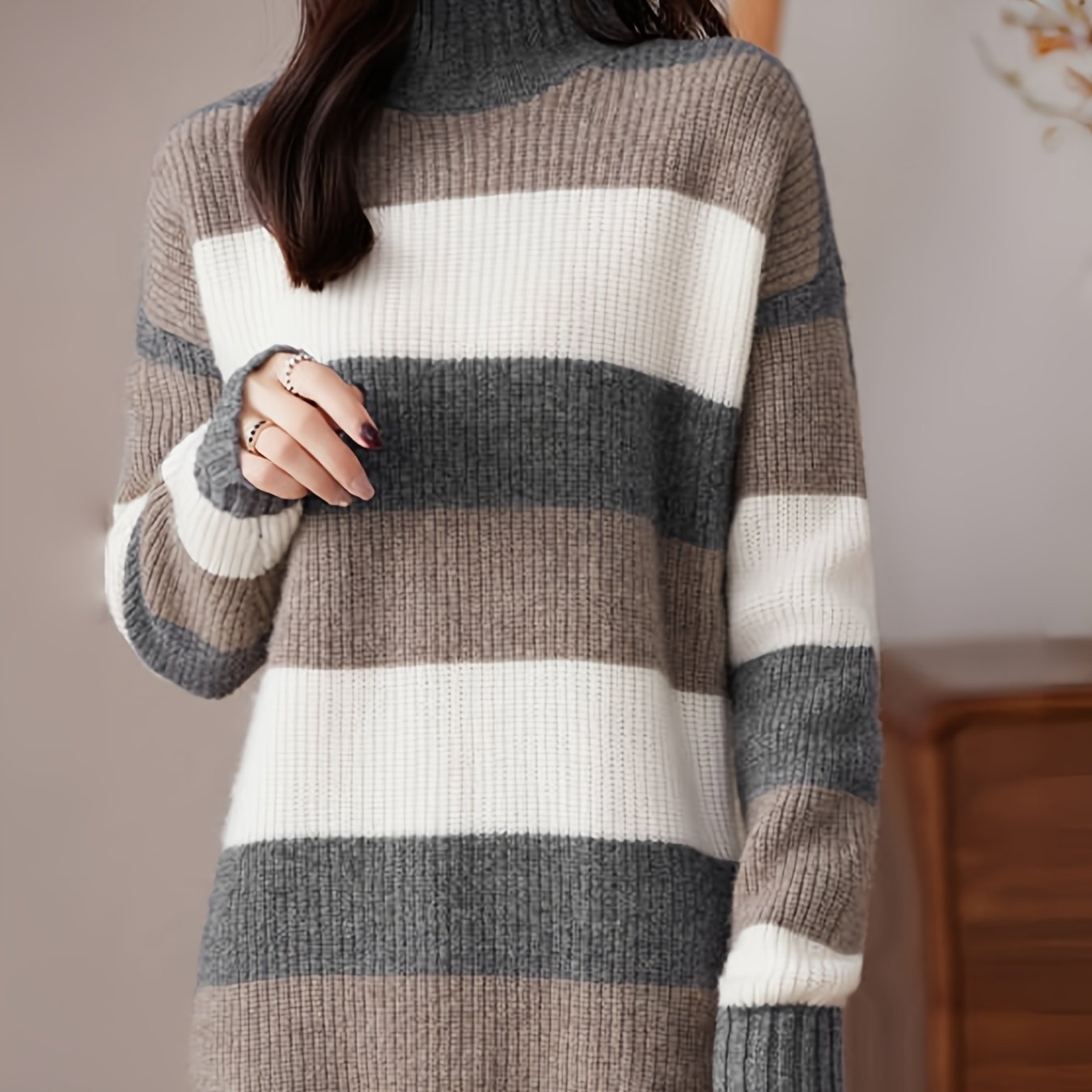 TEMU Elegant Striped Knit Sweater Dress For Women, High Neck Long Sleeve Tunic, Acrylic Blend, Ribbed Color , For Fall/winter
