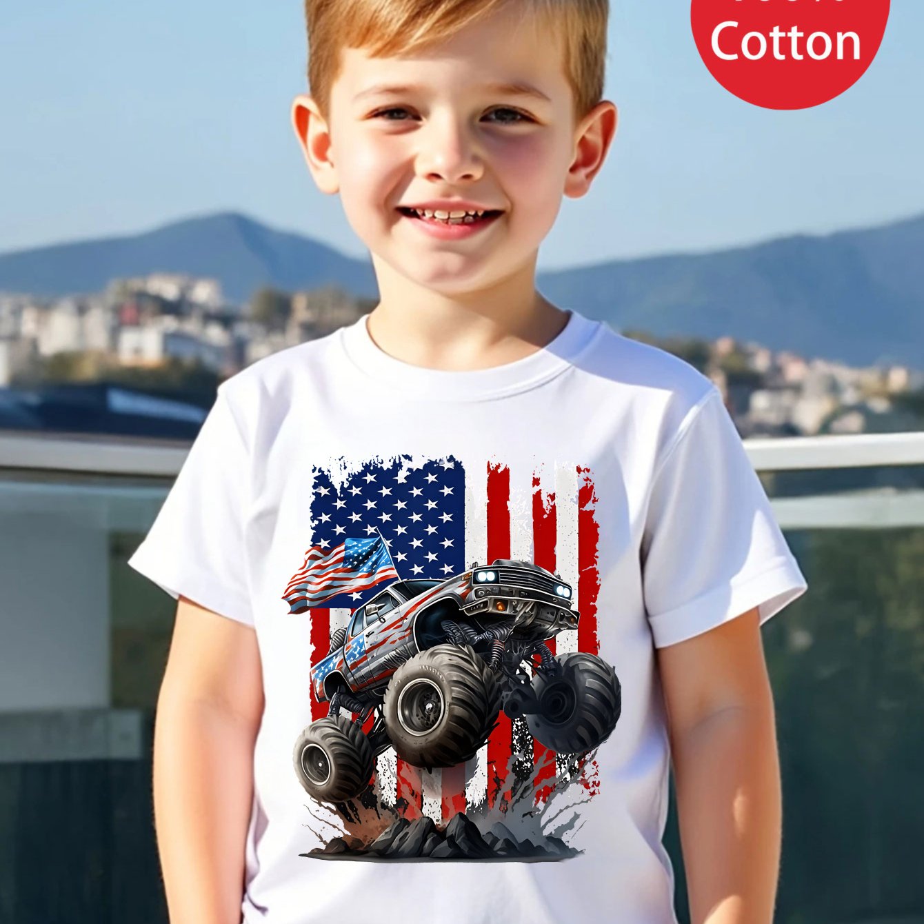 TEMU Day 1pc New Summer Boy American Flag Monster Truck Graphic Design Short Sleeved 100% Cotton T-shirt Comfy Casual Tees For Girls