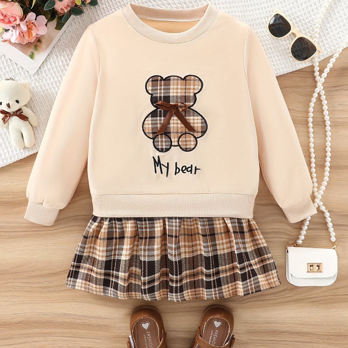 Image of Autumn Girls' Bear Print And Bow Long-sleeve Sweatshirt With Skirt Casual 2-in-1 Dress, Soft Fabric, Fall Gift Party, Suitable For Daily Casual Wear