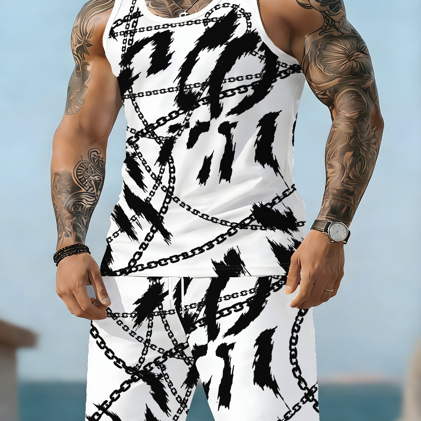 TEMU Men's Sports Tank Top And Shorts Set, Summer Lightweight Quick-dry Breathable Crew Neck 3d Printed 2pcs And Running