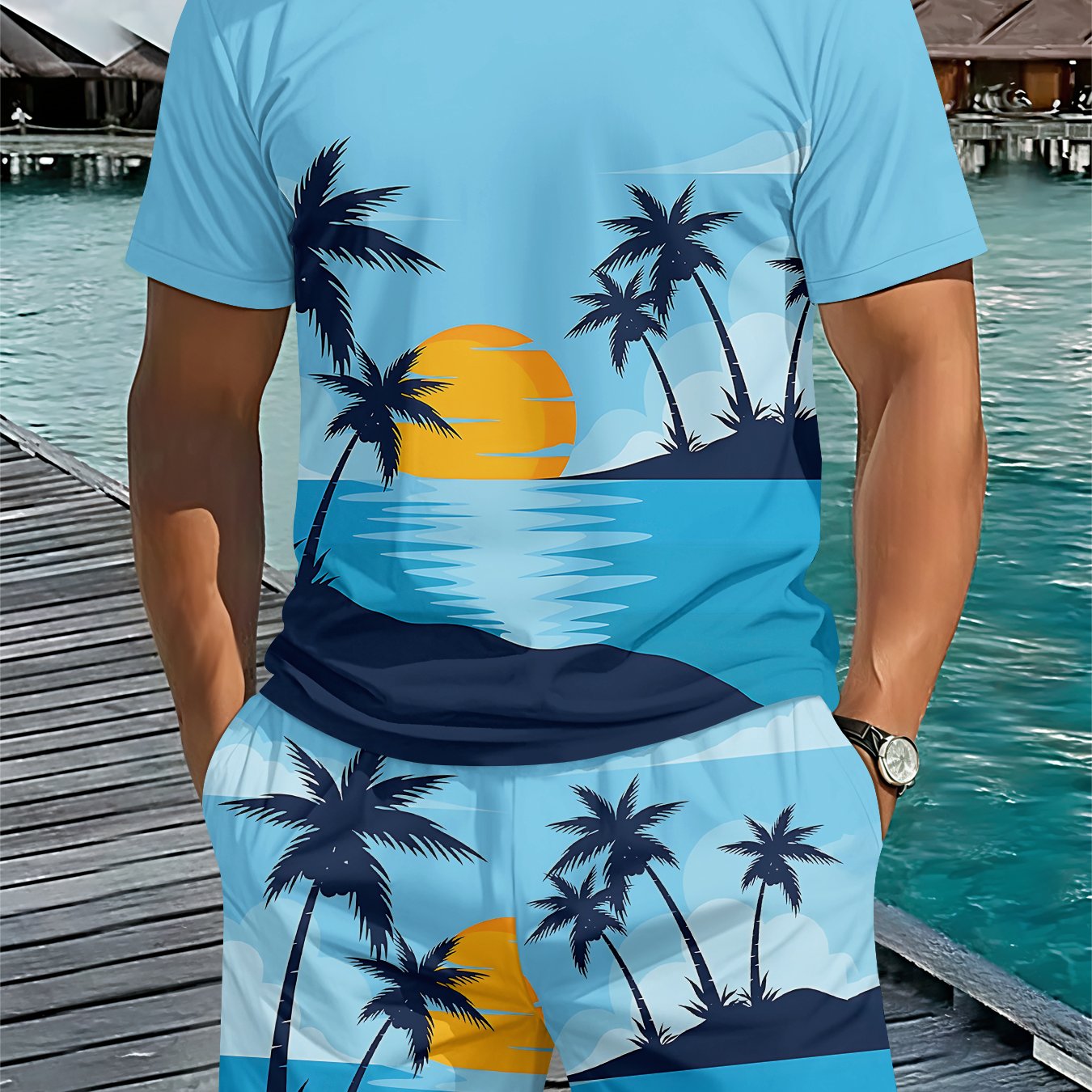 TEMU Men's 3d Digital Printing Casual Short-sleeve And Shorts Set, 's Blue Ocean Full-. It Features The For Commuting And The Vitality For Sports,