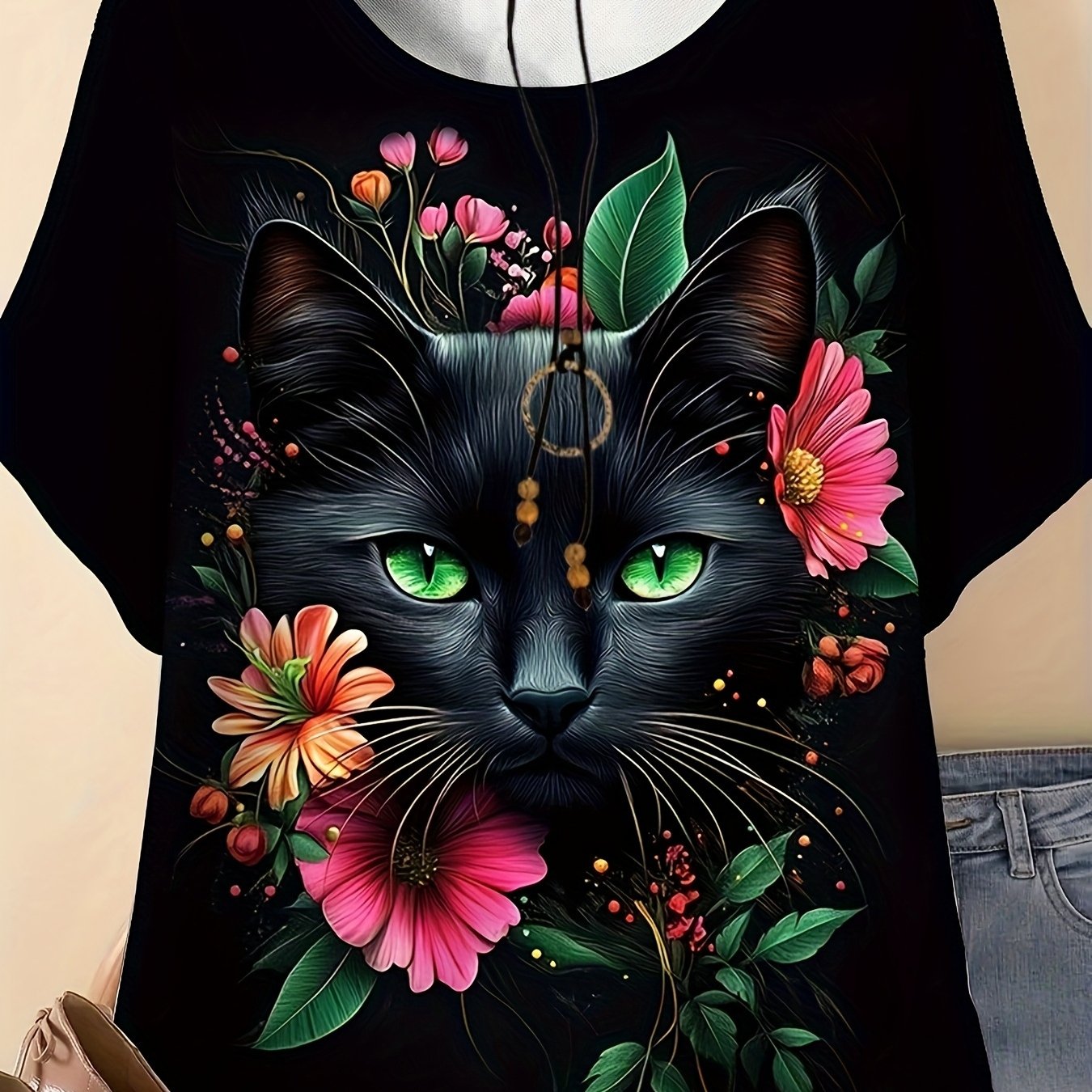 TEMU Plus Size - Plus Size - Plus Size Women's Floral Cat Print Short-sleeve T-shirt, Casual Round Neck