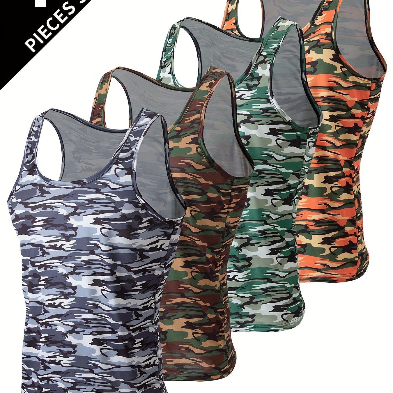 Image of 4pcs Set Of Men's Camouflage Vests, Breathable Tank Tops, Sleeveless Gym Wear For Casual Sports And Use With A Round Neck