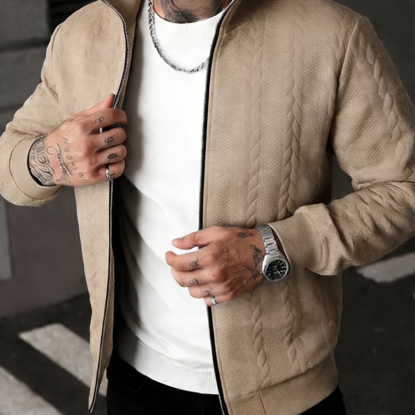 TEMU Men's Fashion Casual Elegant Medium Stretch Cardigan, Men's Casual Full-zip Cardigan, Spring/autumn Jacquard Casual Jacket With Jacquard Design,