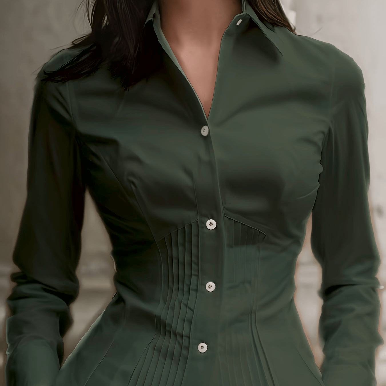 TEMU Women' Color Satin Lapel Waist-cinching Pleated Long-sleeved Shirt, Slim Fit, Smooth Texture, Cut, Casual Outing, Workplace Commuting, Formal