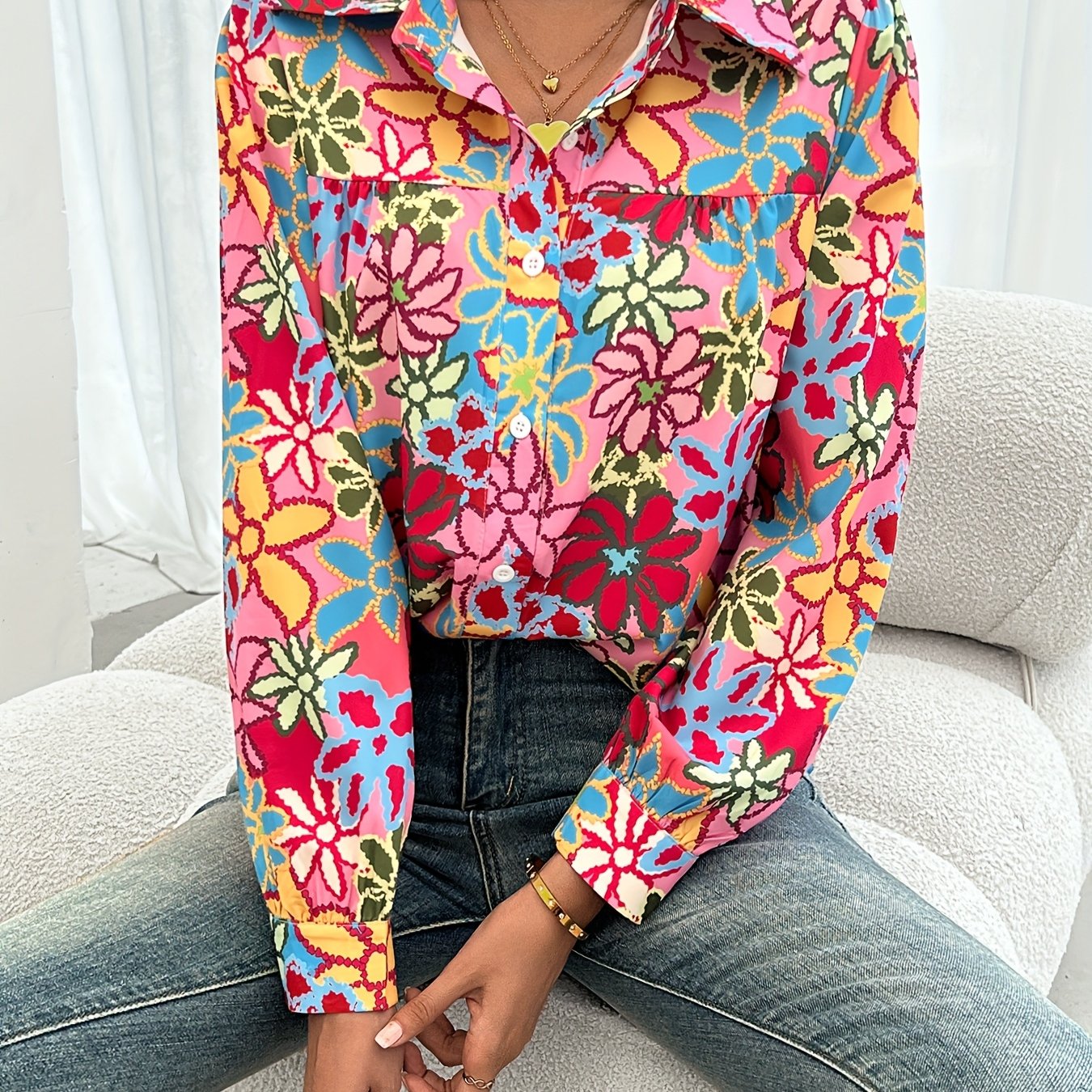 Directional Women's Long-sleeve Shirt With A Colorful Floral Print