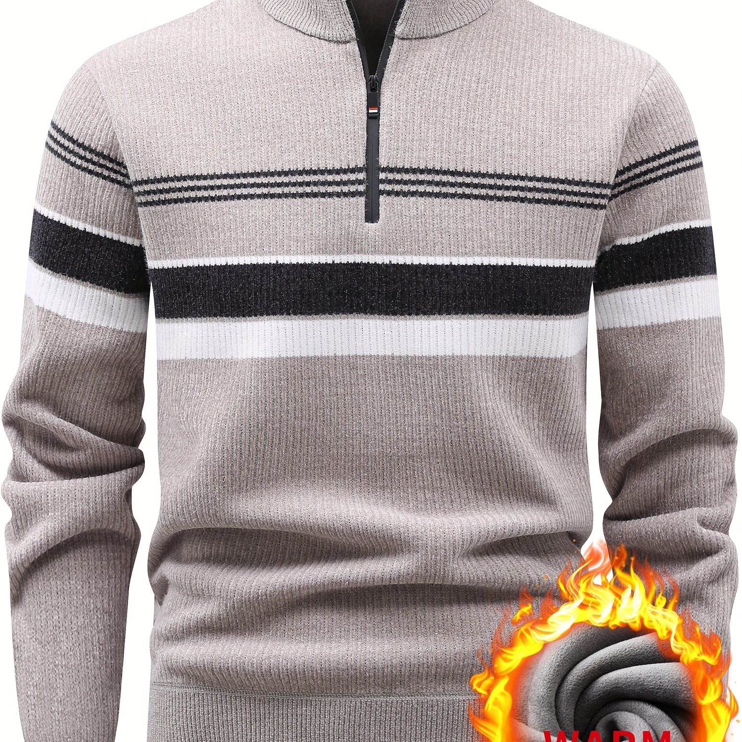 Men's Half-zip -lined Thickened Half-open Collar Base Layer Knit Sweater, Striped Contrast Color Casual Warm Top With Premium Textured Sweatshirt