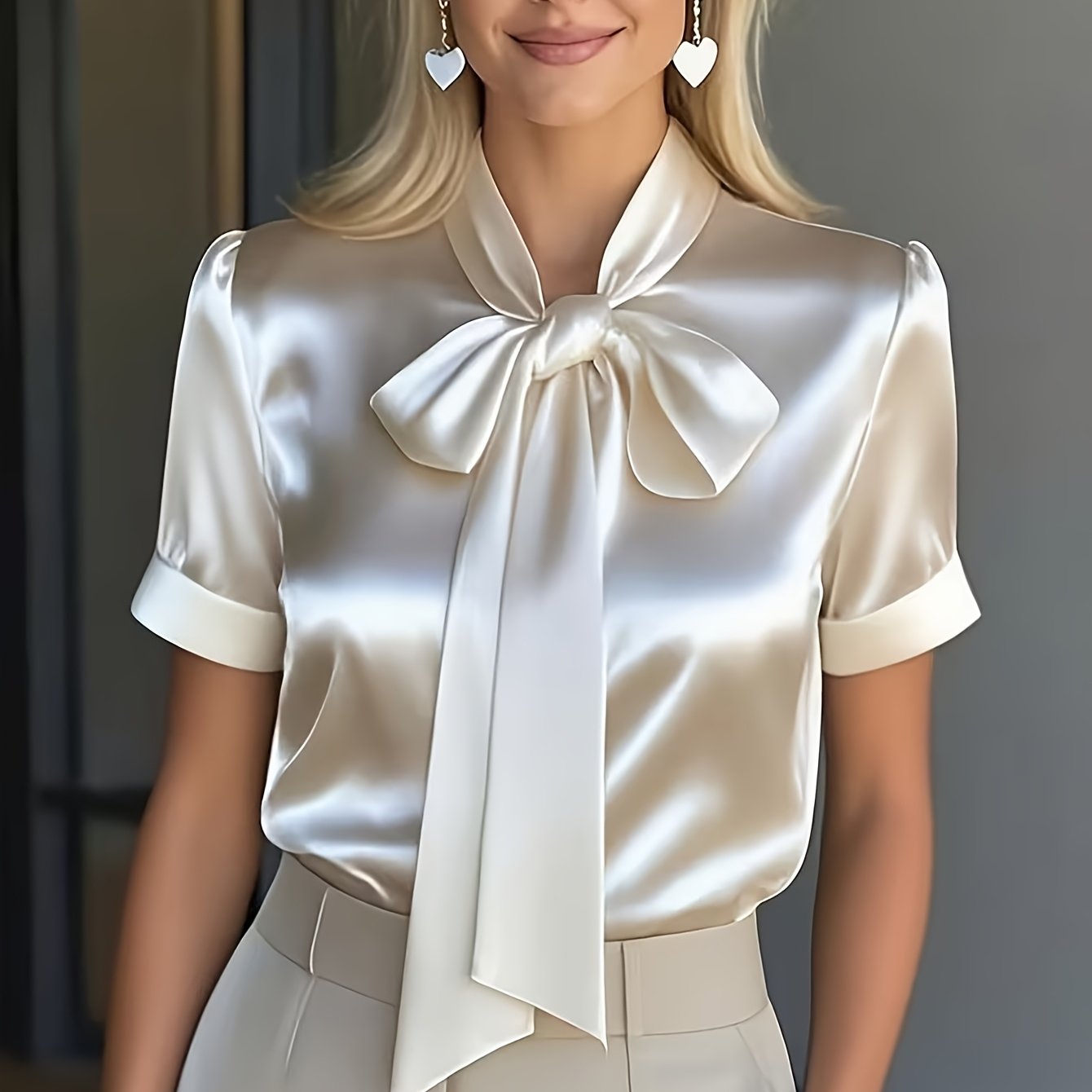 TEMU Women's Elegant Short-sleeve Shirt With A Bow Tie Collar Zllz
