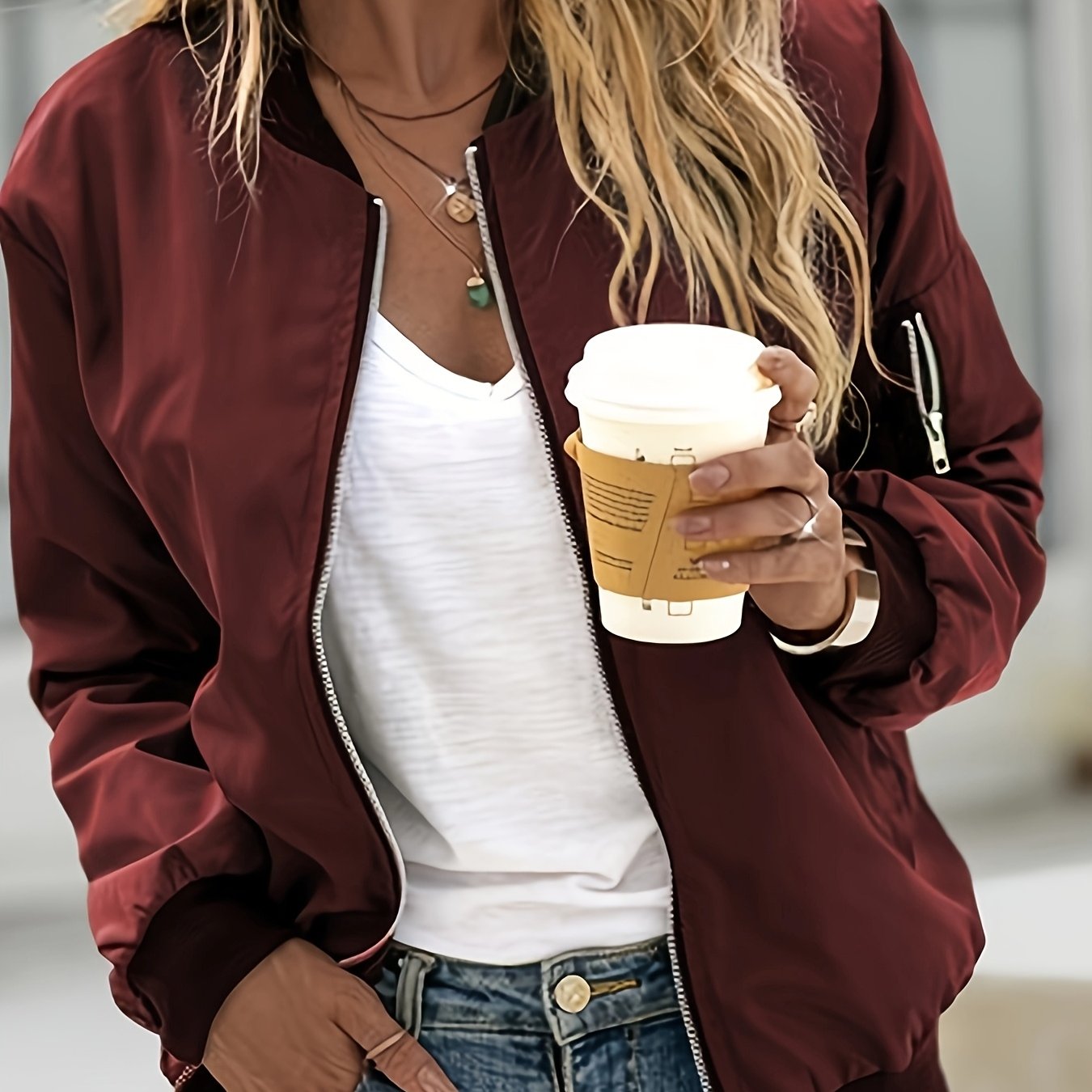 TEMU Ins Viral Versatile Women's Casual Zip-up Jacket With Pockets, Solid Color Long Sleeve Coat