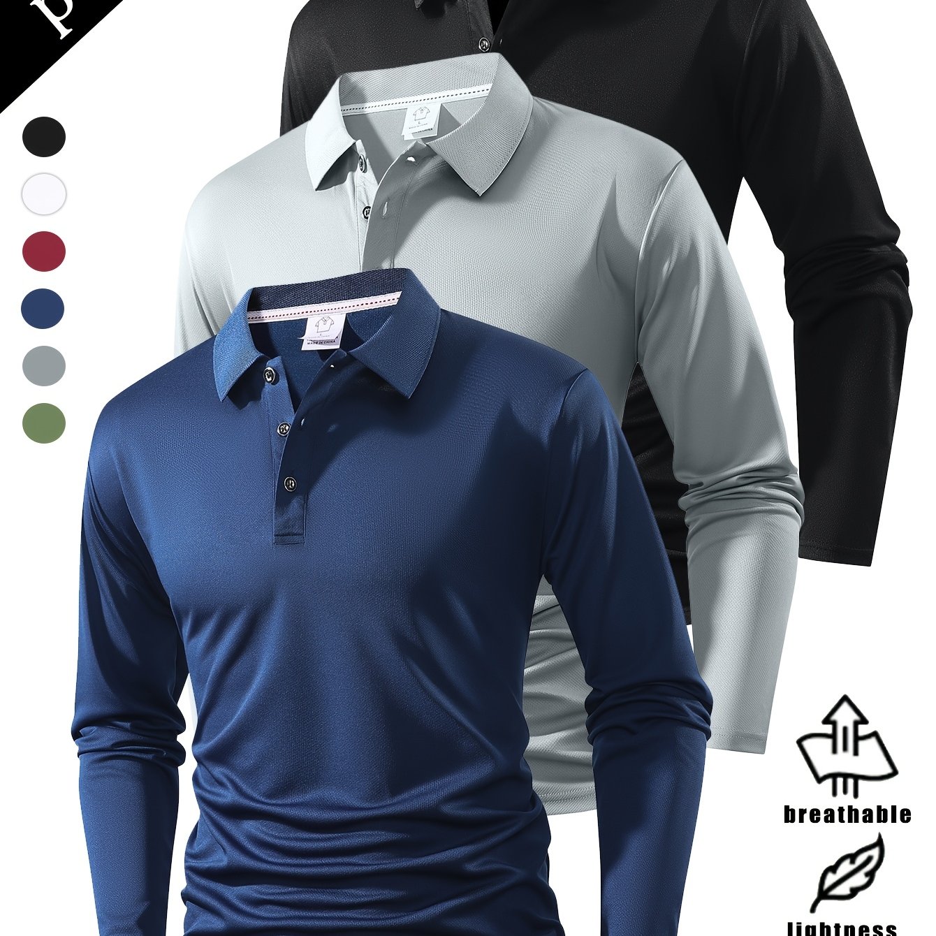 TEMU Spring And Autumn Value Three-piece Collar Long-sleeved Top For Men, Stylish, Easy And Versatile, Solid , Optional Sports And Casual, Soft And