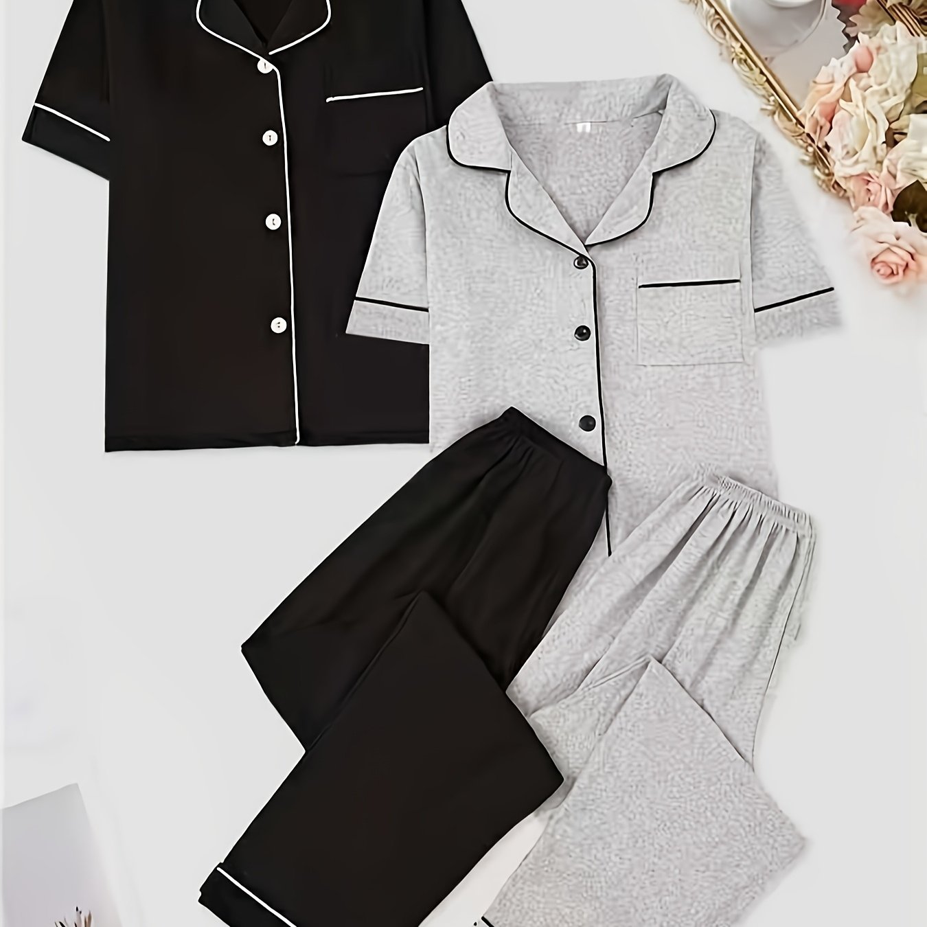 2-pack Set, Black-gray Combination, New Style Loungewear With Short Sleeves And Long Pants, Fiber Fabric, Lapel Collar, Chest Pocket, Spring/autumn Homewear