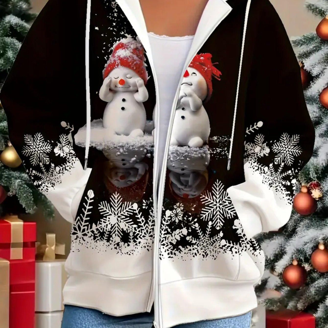 TEMU Plus Size, Women's 3d Christmas Snowman Print Zip-up Hoodie Jacket - Casual Loose Fit Sweatshirt With Pockets, Long Sleeves, And Front Zipper Detail V-neck Design, The For Autumn And Winter