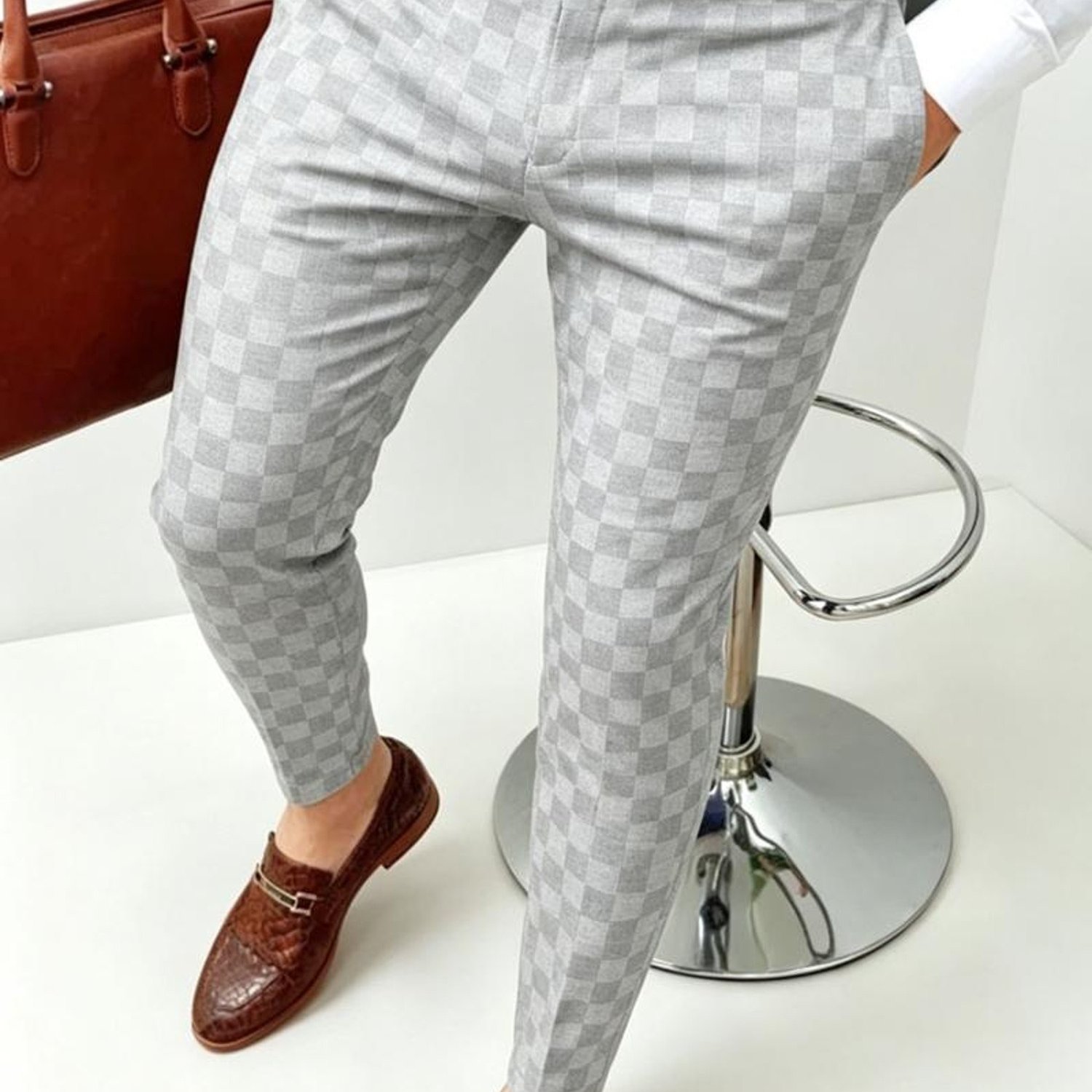 Image of Men's Fashion Checkered Dress Pants, Light Gray And White Mixed Color, Multiple Specifications , Classic For Formal/casual Occasions, Premium Fabric For And Style, With Dress Shirt And Loafers In