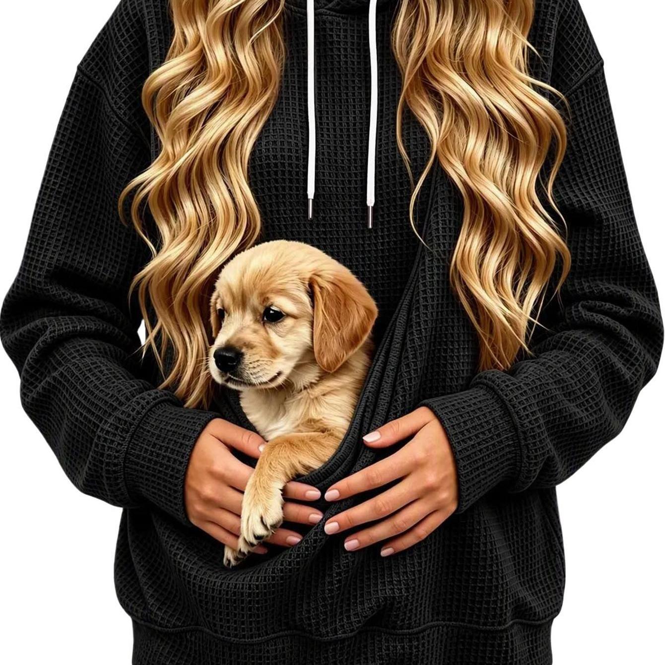 Image of Women Hooded Sweatshirt With Pet Pocket, Solid Color Drawstring Hood Long Sleeve Loose Casual Pullover Soft Cozy Fashion For Walking Pet Wear For Ladies