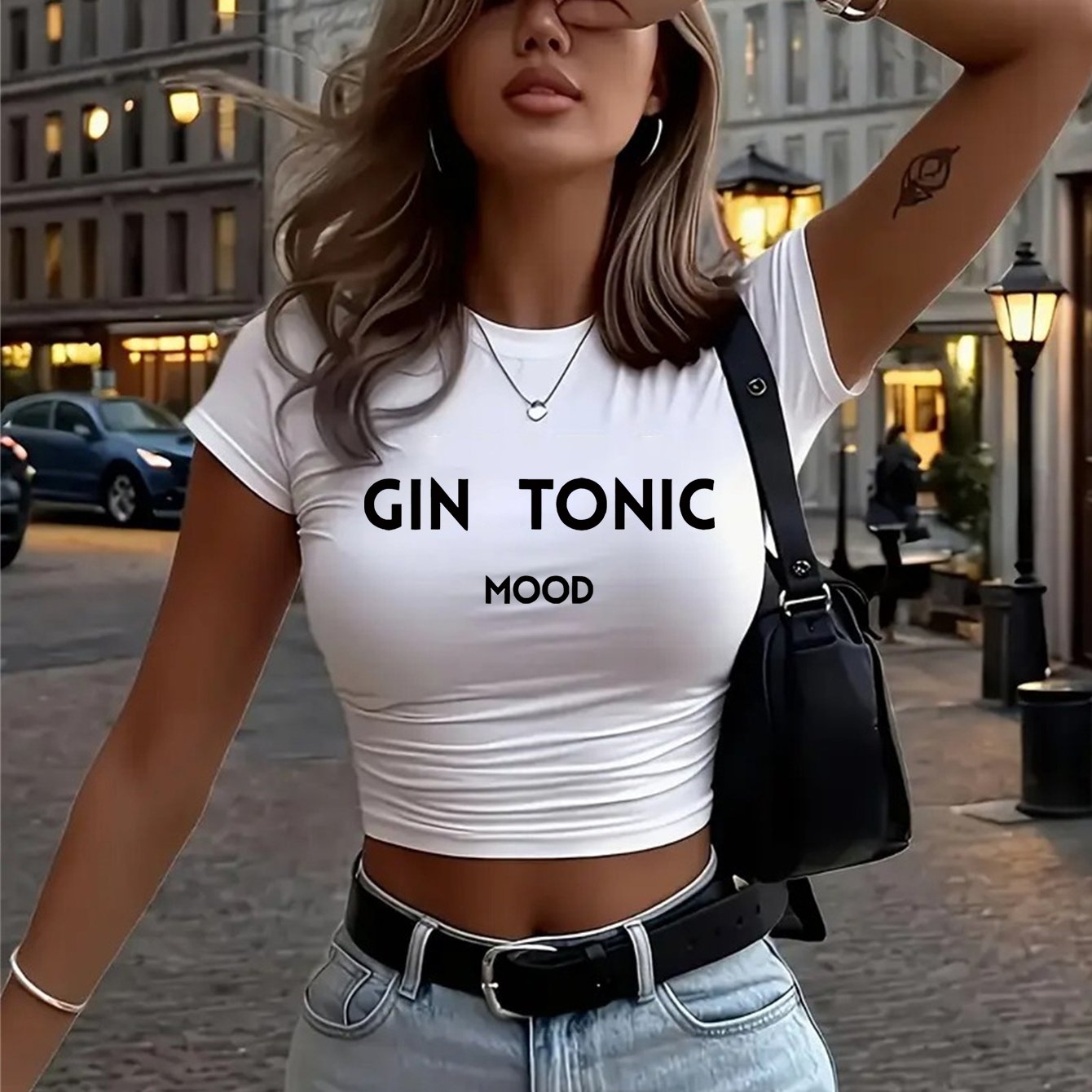 TEMU T-shirt corta a maniche corte da donna 1 pz Y2K con stampa "GIN TONIC MOOD", stampata di tendenza europea e americana, casual, ed elegante, e