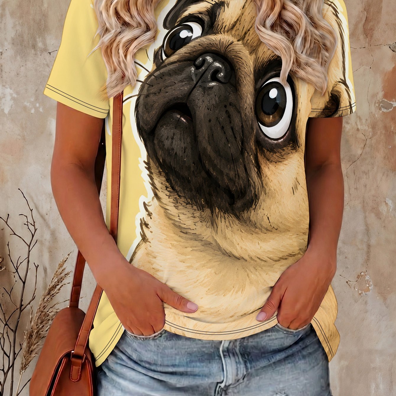 TEMU Pug Puppy Surprise Women's Casual Print Round Neck Short Sleeve T-shirt, Daily Tees, , Fashionable For Summer Beach, Vacation