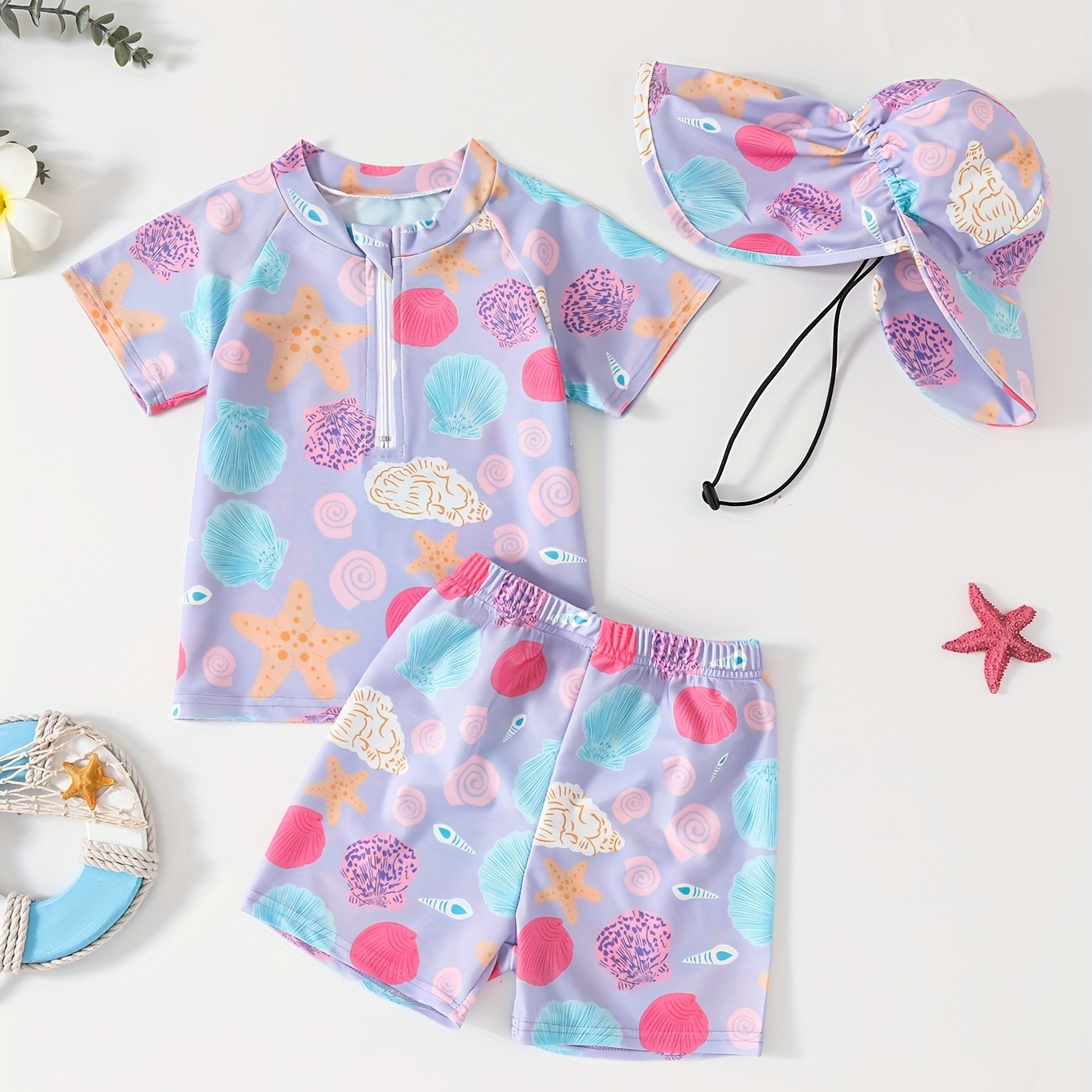 Image of 3pcs Picture Boys Elastic Surfing Suit T-shirt And Swim Shorts And Hat Beach Vacation Swimwear