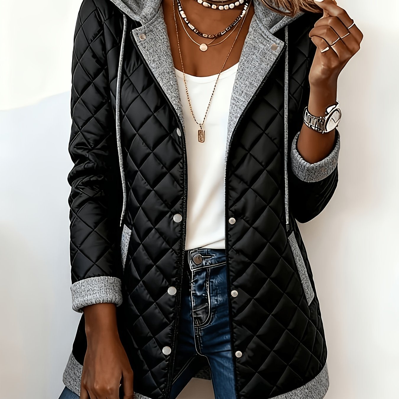 TEMU Autumn/winter 2-in-1 Look Hooded Quilted Padded Versatile Casual Jacket