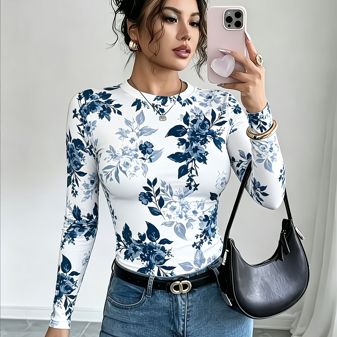TEMU Women's , Summer, And Autumn Floral Print Long-sleeve T-shirt, Versatile And Elegant Top, Fashionable Crew Neck Tee, , Stretchy And Comfortable