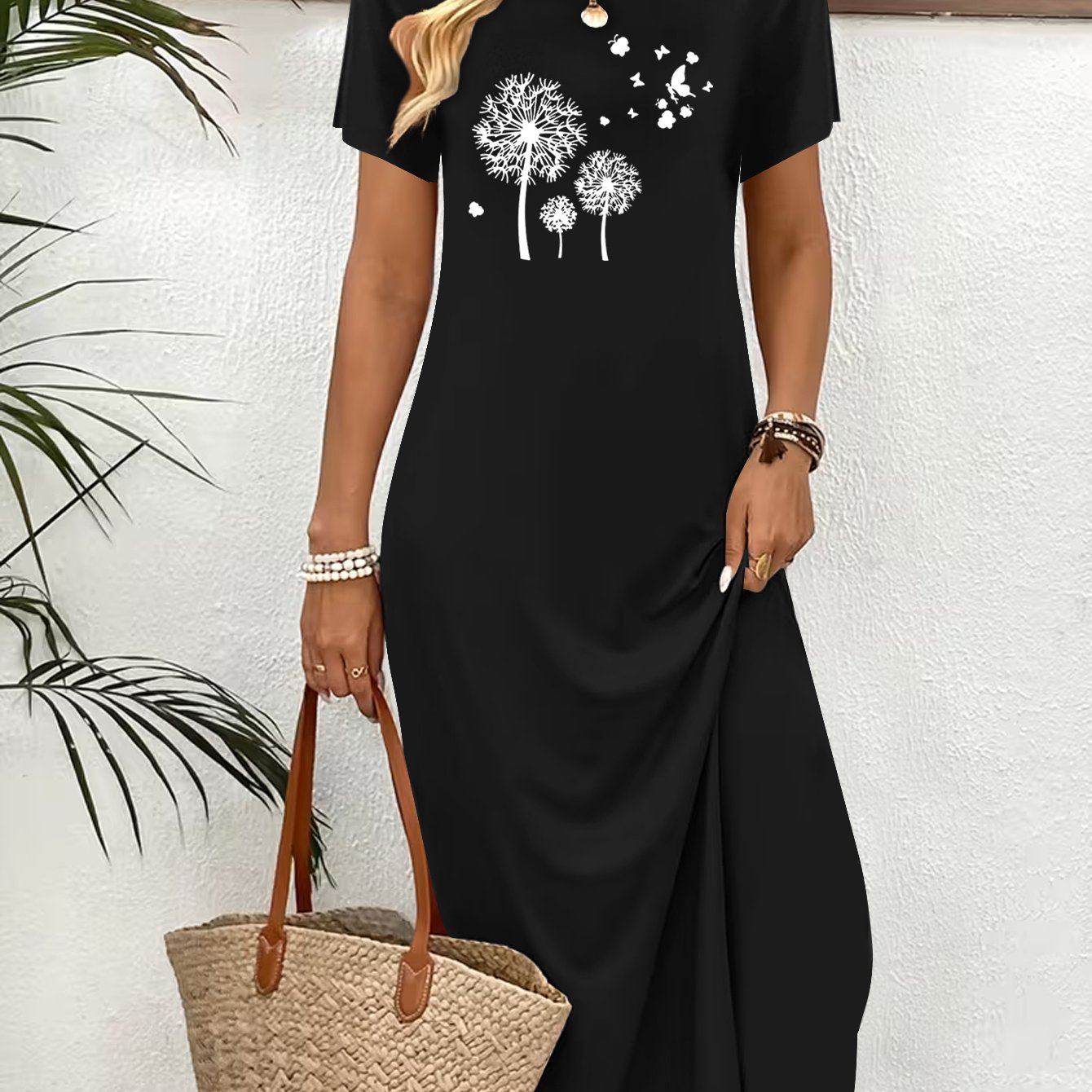 TEMU Elegant And Fashionable Women's Dress With Dandelion And Print Round Neck Short Sleeve Casual Dress, New Summer Dress, Soft And Breathable,
