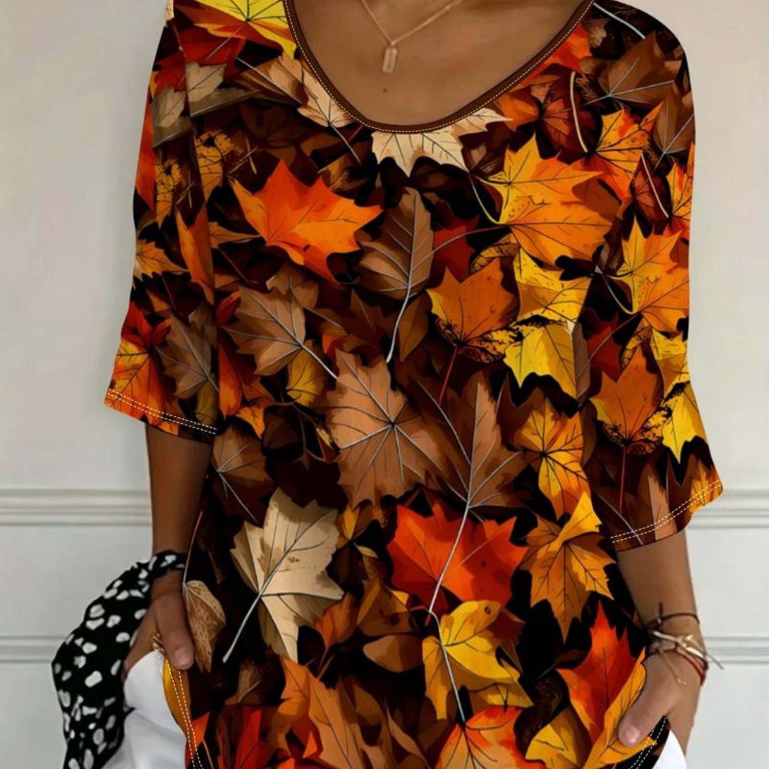 TEMU Plus Size, Plus Size Women's V-neck 3/4 Sleeve T-shirt, 2026 Summer New Arrival, Slim Fit Versatile Top, Mixed Colors, Multiple Sizes , Maple