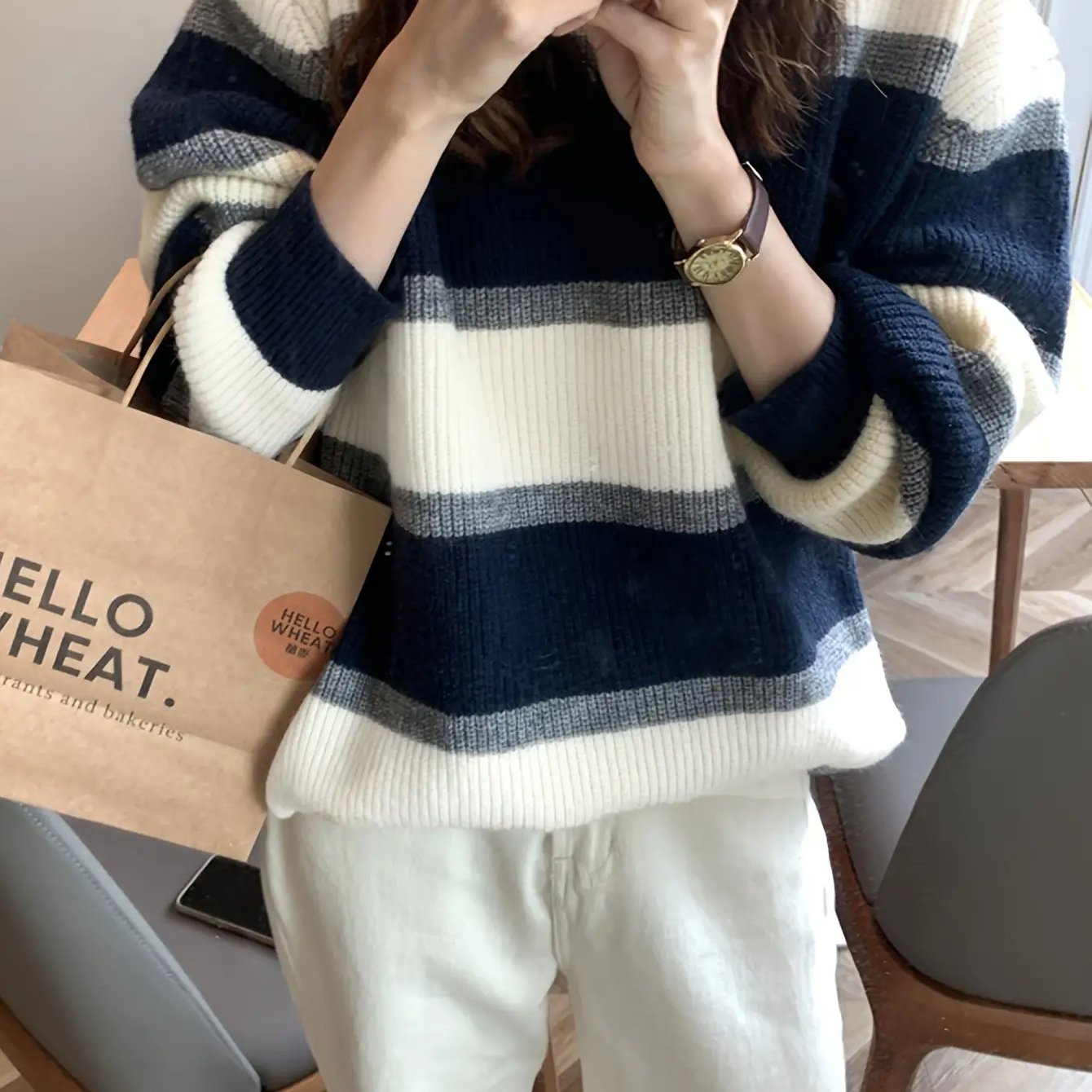 TEMU 【トレンド】厚手でゆったりカラー ブロック ストライプのセーター トップス